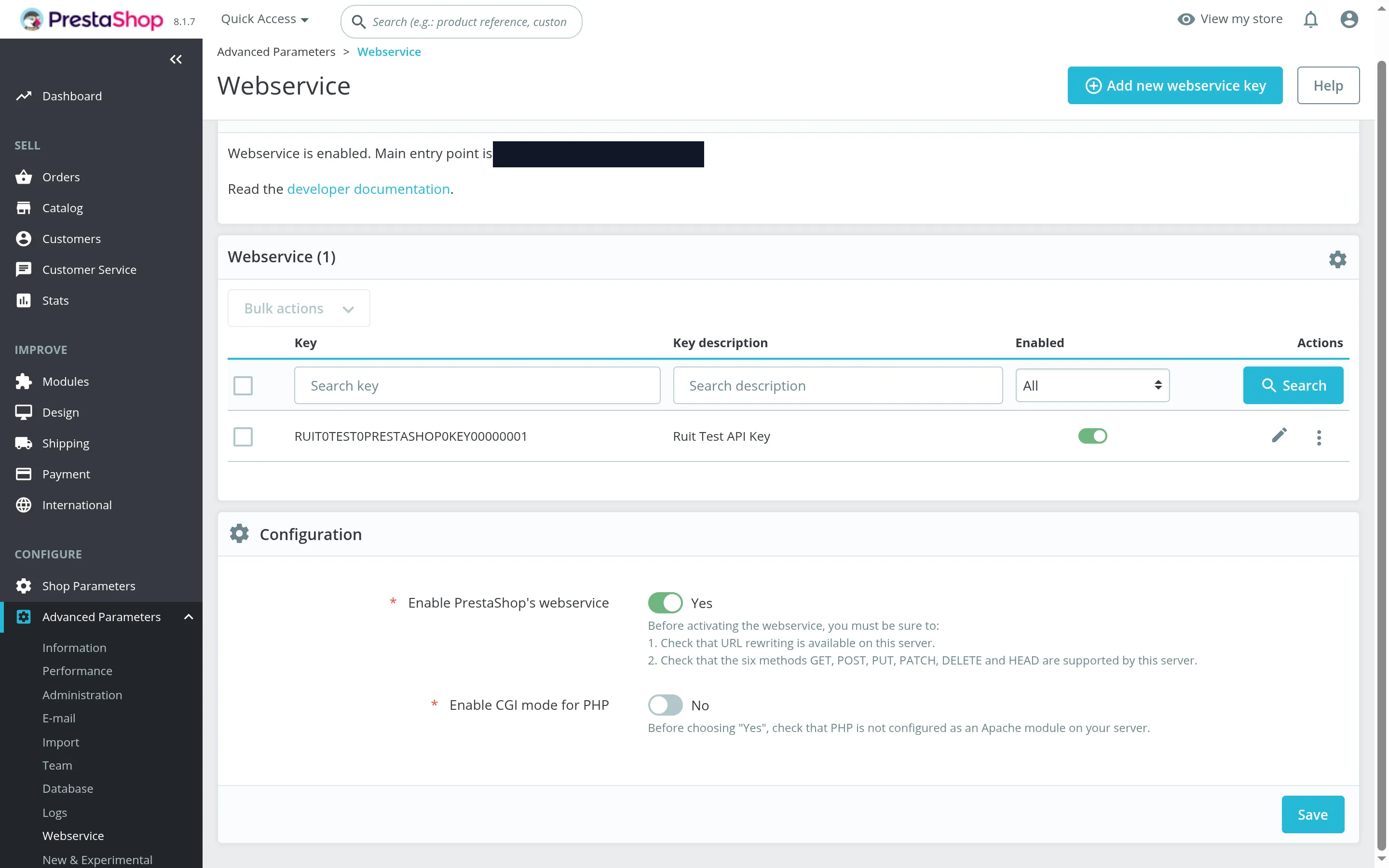 The PrestaShop Webservice page: the list of keys, the button for adding a new key at the top right and, below, the configuration with the switch for enabling the web service
