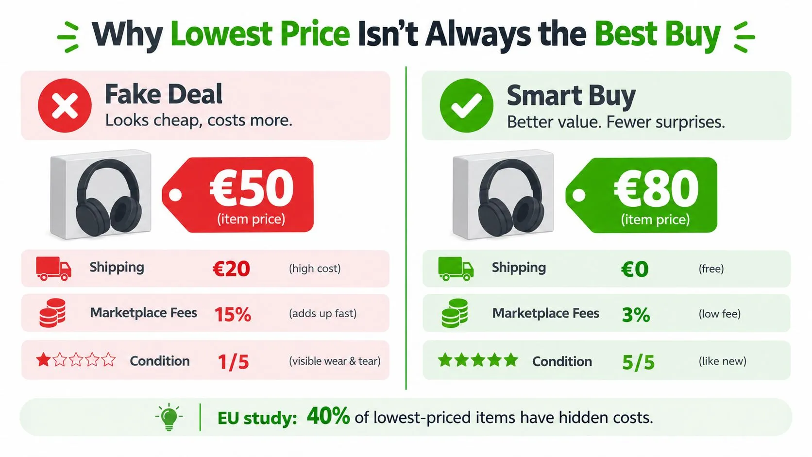 A comparative infographic showing why the lowest priced item is not always the best consumer deal.