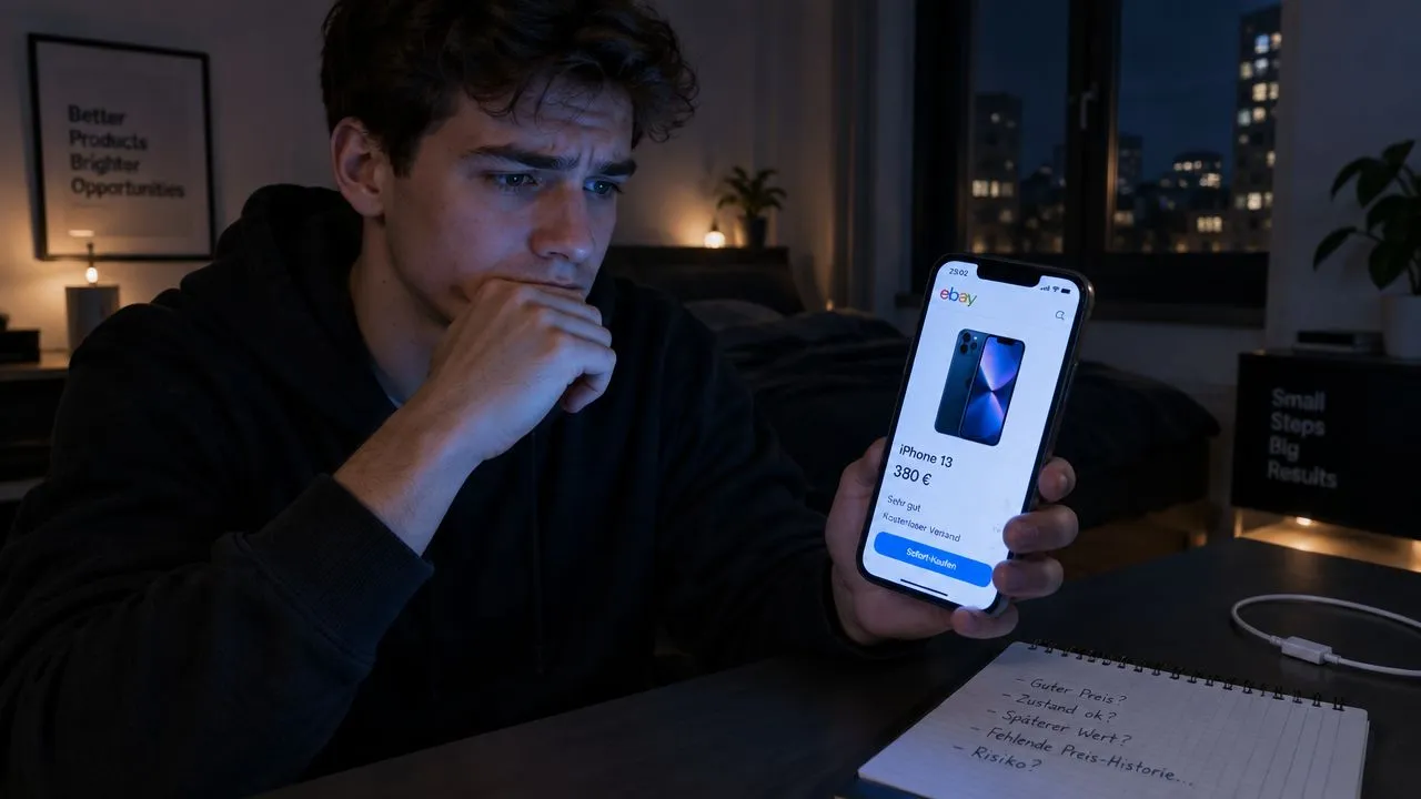 Un hombre joven reflexivo mirando un teléfono móvil con una página de eBay abierta sobre un escritorio.