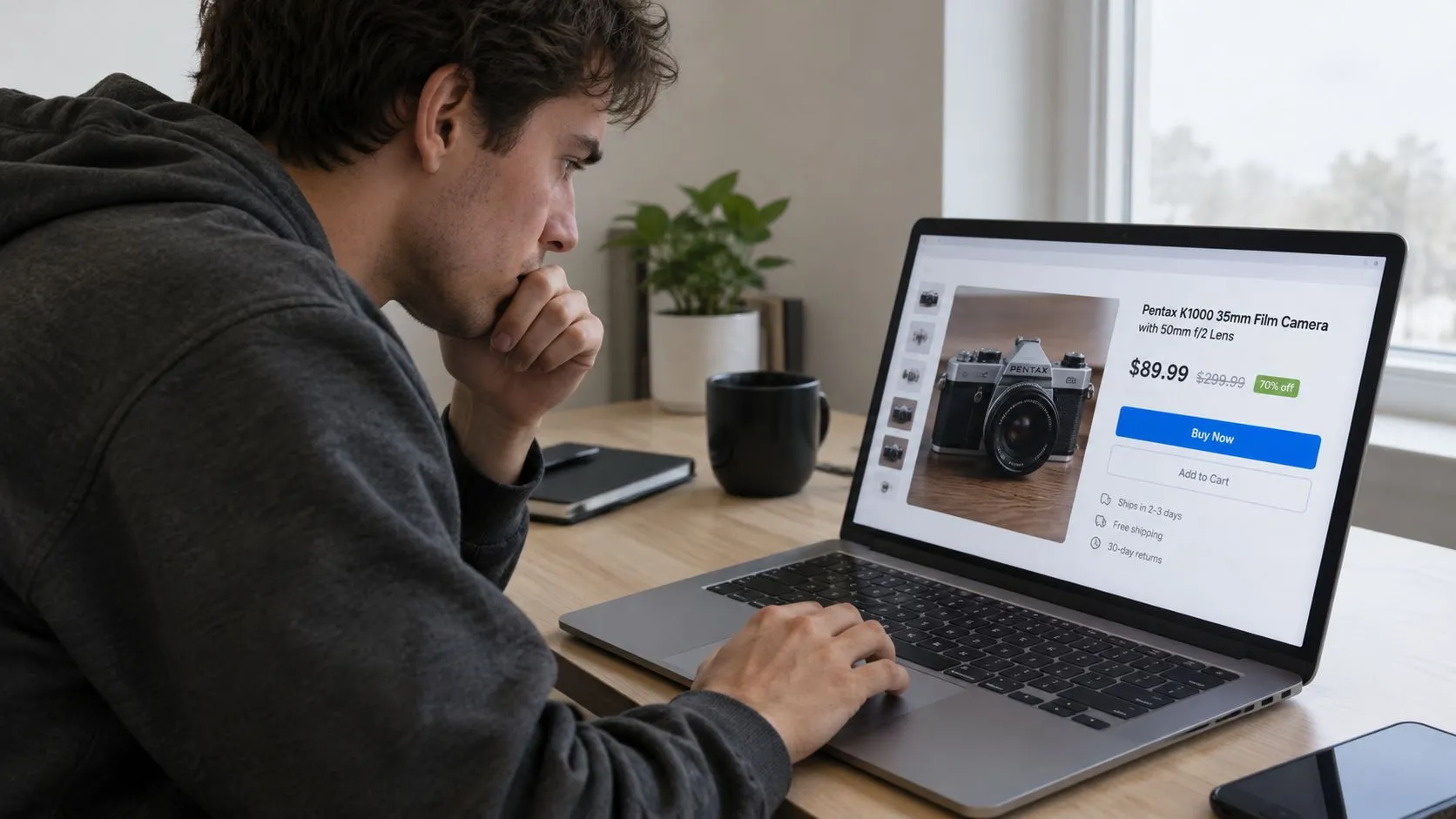 A young man thoughtfully looking at a Pentax film camera product page on his laptop screen.
