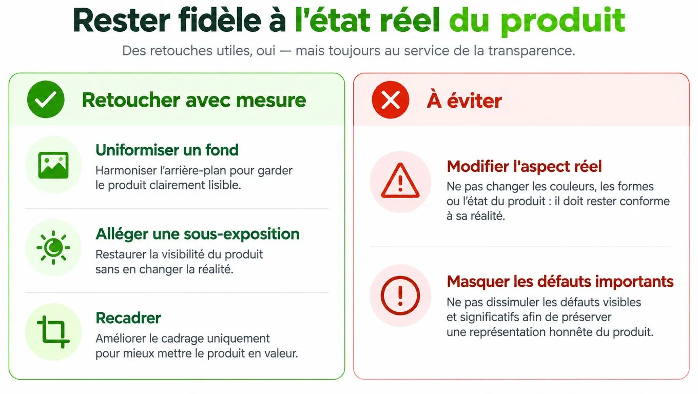 Infographie illustrant les bonnes pratiques et les erreurs à éviter lors de la retouche photo d'un produit.