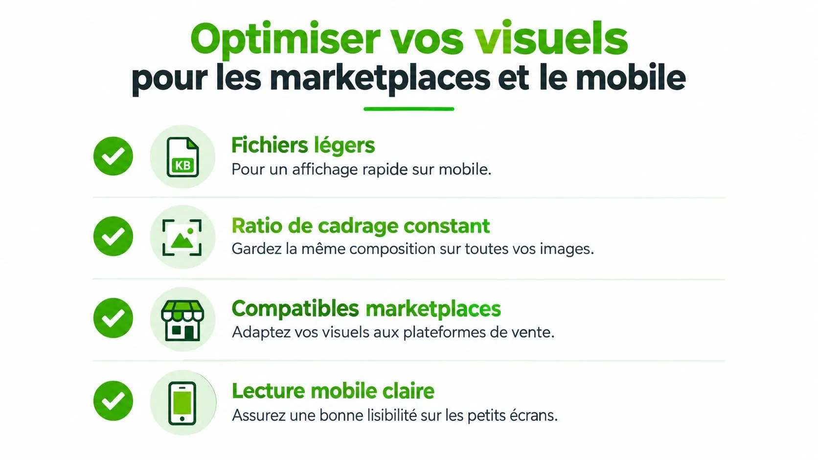 Une infographie listant quatre conseils pour optimiser les visuels produits sur les marketplaces et les appareils mobiles.