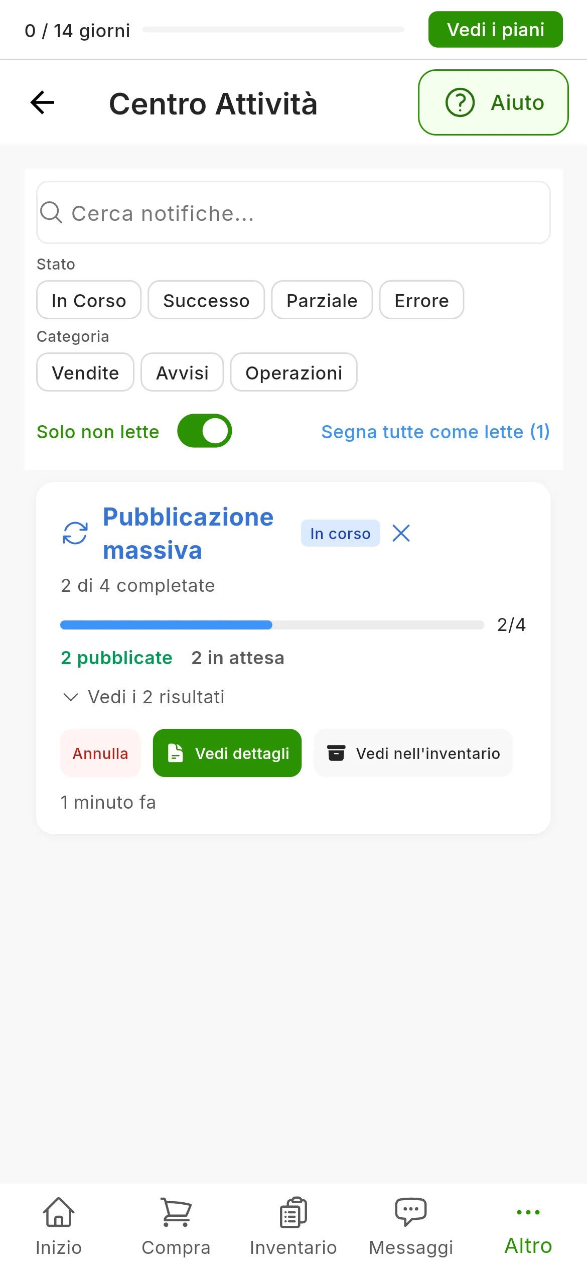 Il Centro Attività con la scheda Pubblicazione massiva di un processo avviato: l'etichetta In corso, quante delle sue pubblicazioni ha completato, la barra di avanzamento, le pubblicate e quelle in attesa, e i pulsanti Annulla, Vedi dettagli e Vedi nell'inventario