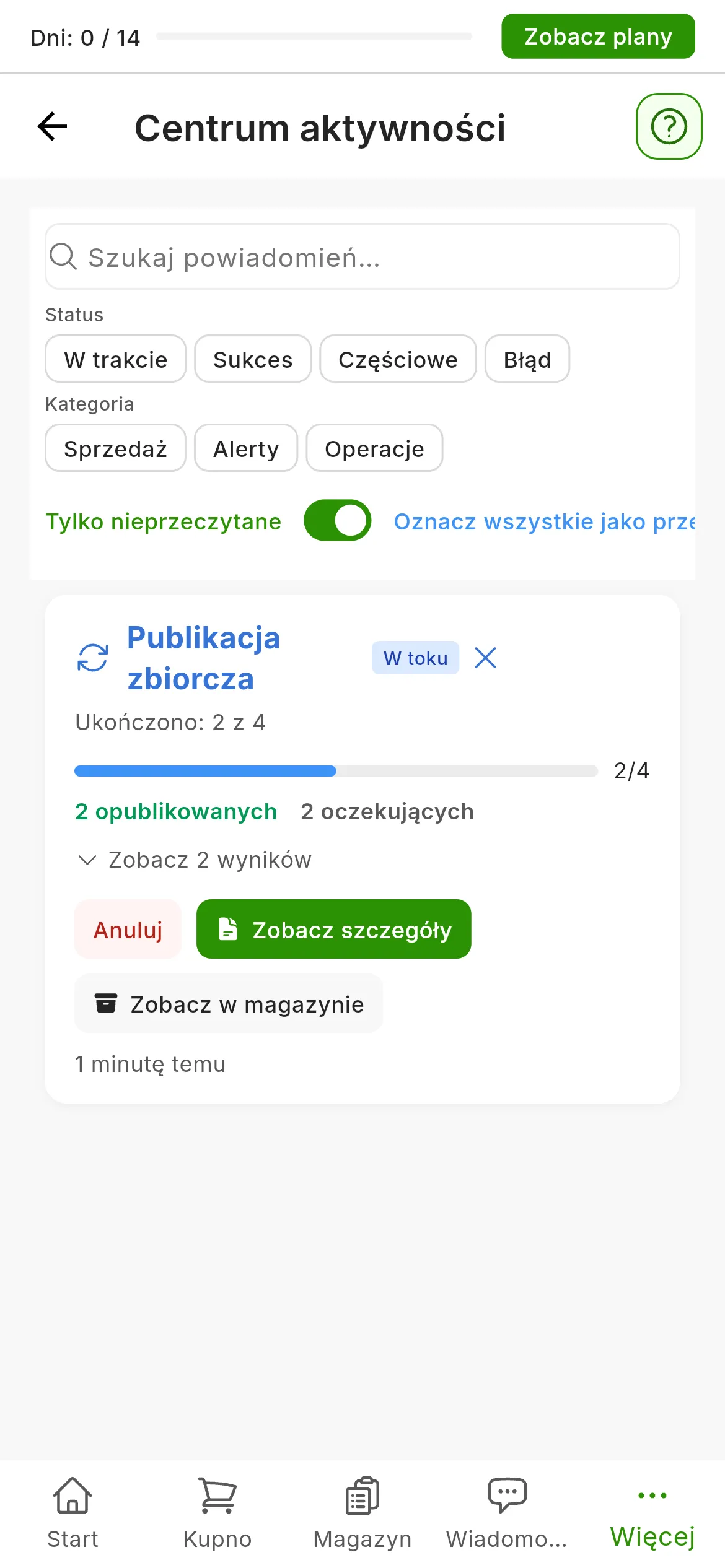 Centrum aktywności z kartą Publikacja zbiorcza zadania w toku: plakietka W toku, ile publikacji jest już ukończonych, pasek postępu, opublikowane i oczekujące oraz przyciski Anuluj, Zobacz szczegóły i Zobacz w magazynie