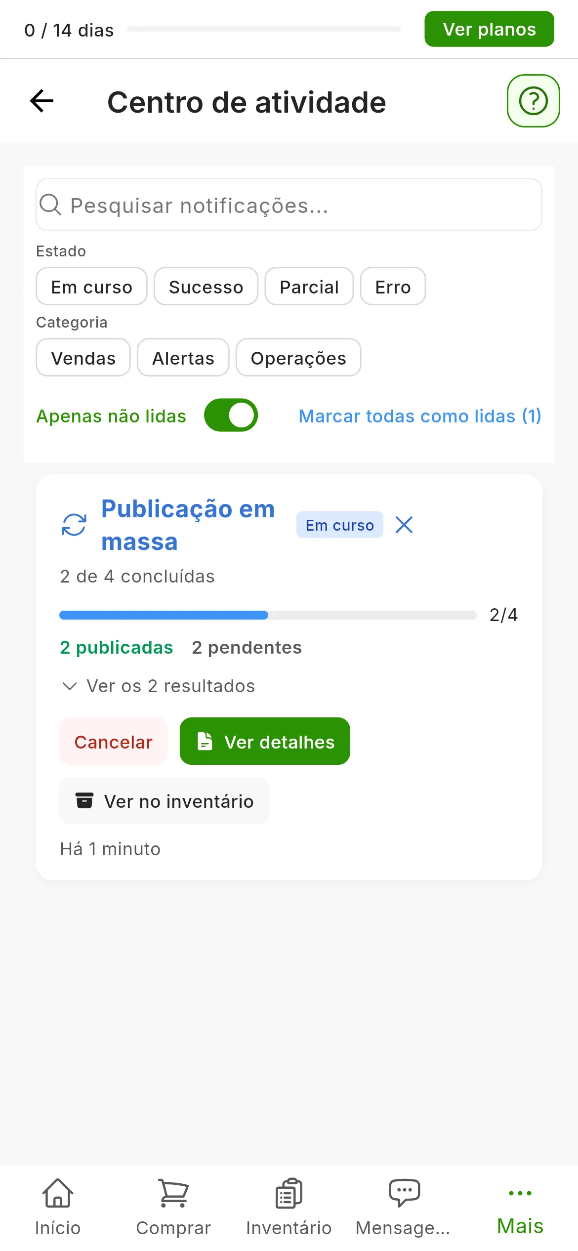 O Centro de atividade com o cartão Publicação em massa de uma tarefa em curso: a etiqueta Em curso, quantas das suas publicações já concluiu, a barra de progresso, as publicadas e as pendentes, e os botões Cancelar, Ver detalhes e Ver no inventário