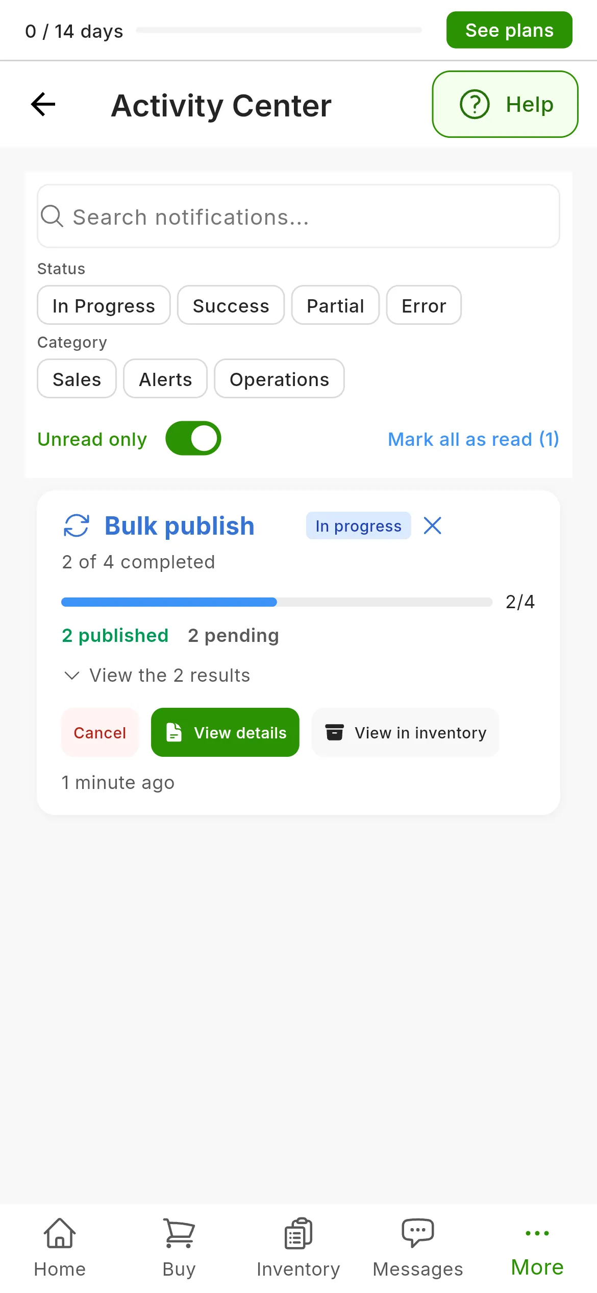 The Activity Center with the Bulk publish card of a running job: the In progress pill, how many of its publications it has completed, the progress bar, the published and pending counts, and the Cancel, View details and View in inventory buttons