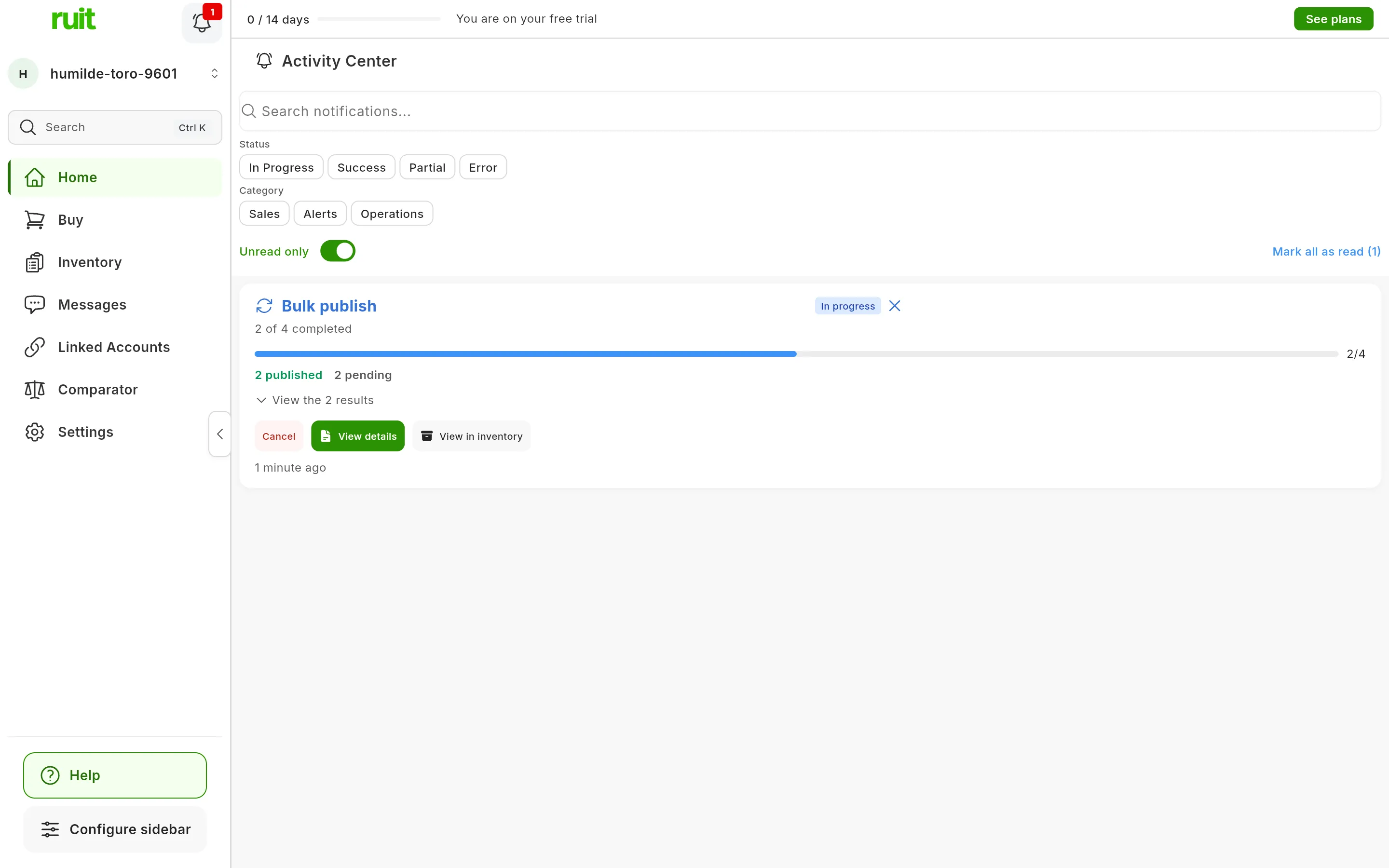 The Activity Center with the Bulk publish card of a running job: the In progress pill, how many of its publications it has completed, the progress bar, the published and pending counts, and the Cancel, View details and View in inventory buttons