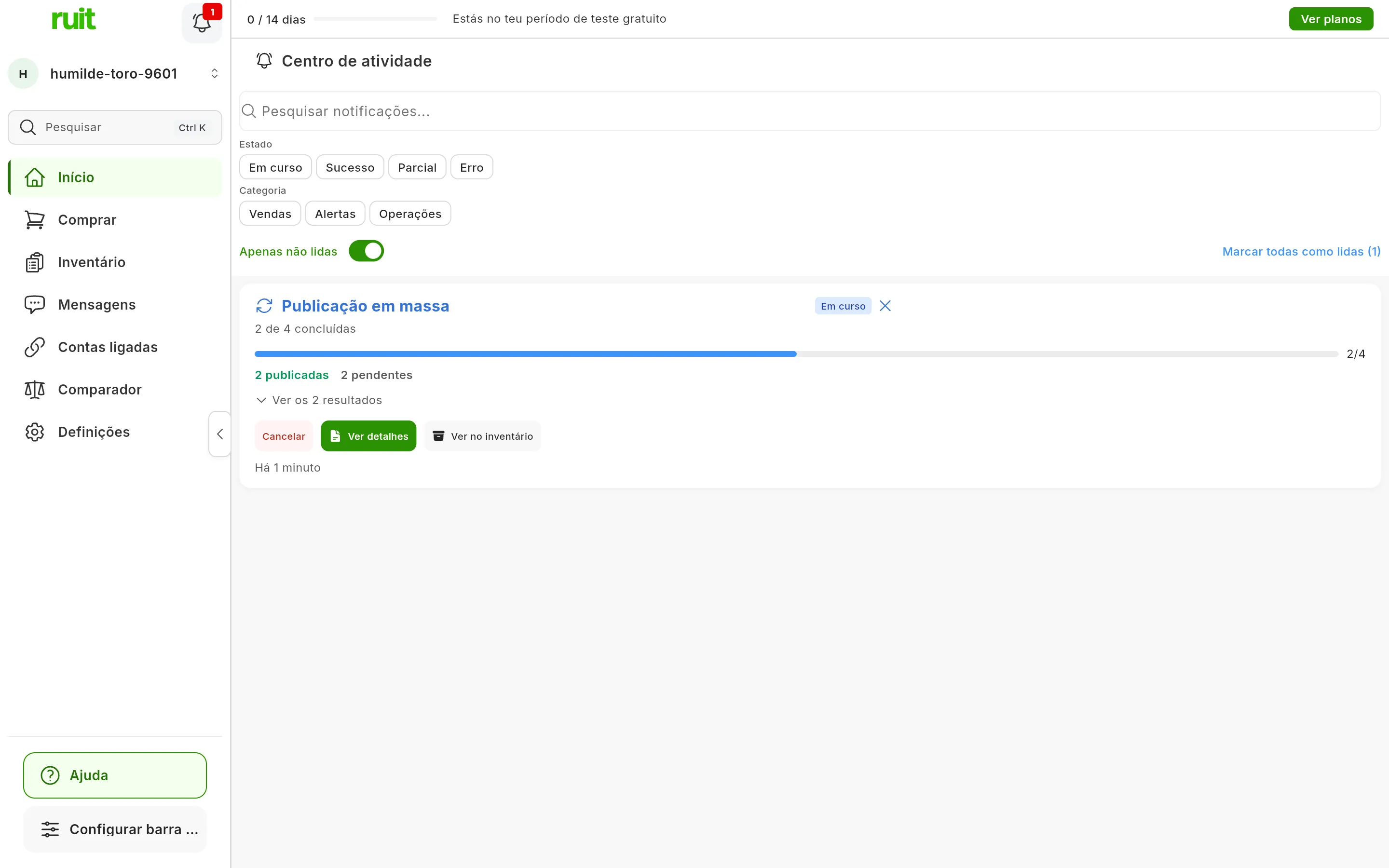 O Centro de atividade com o cartão Publicação em massa de uma tarefa em curso: a etiqueta Em curso, quantas das suas publicações já concluiu, a barra de progresso, as publicadas e as pendentes, e os botões Cancelar, Ver detalhes e Ver no inventário