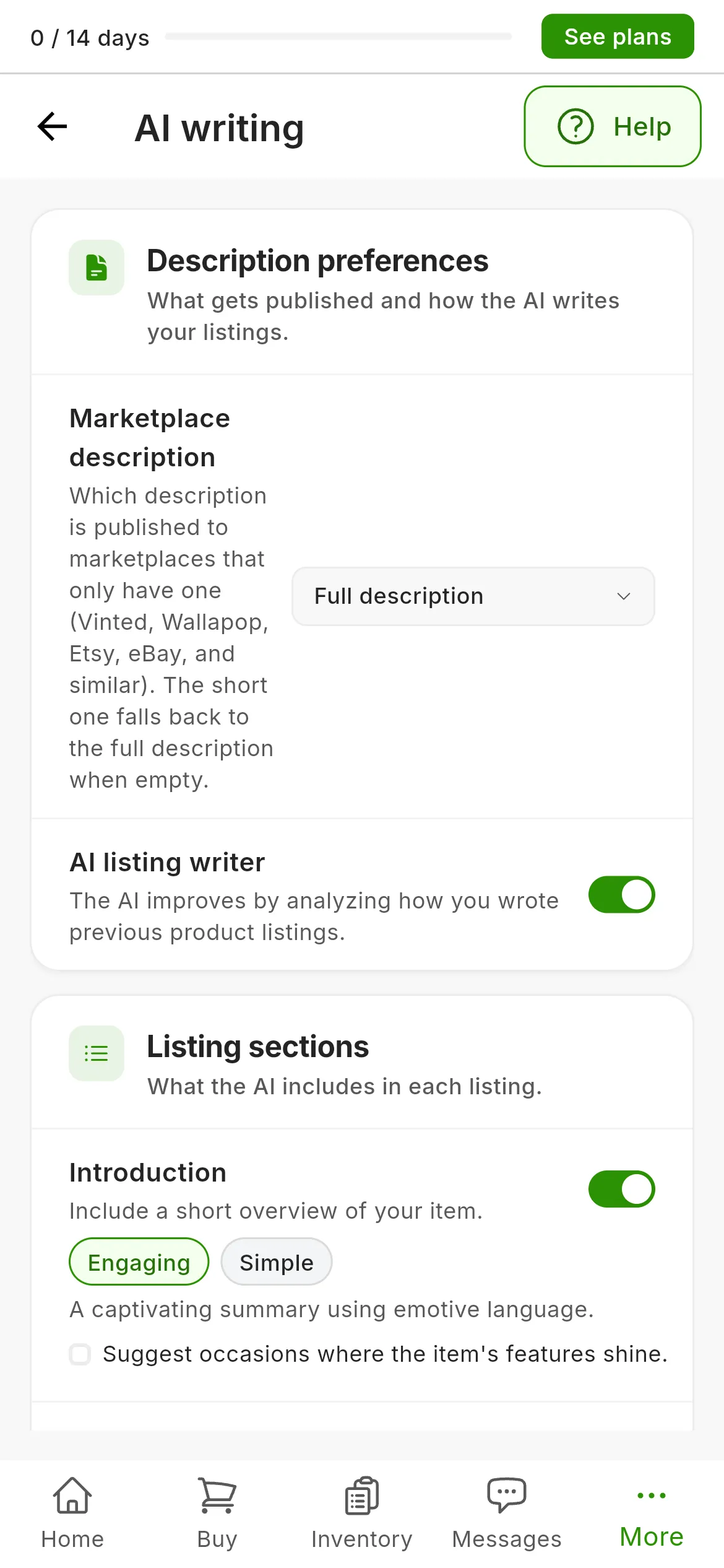 Settings → AI writing: the Description preferences card with Marketplace description set to Full description, and the Listing sections and AI settings cards