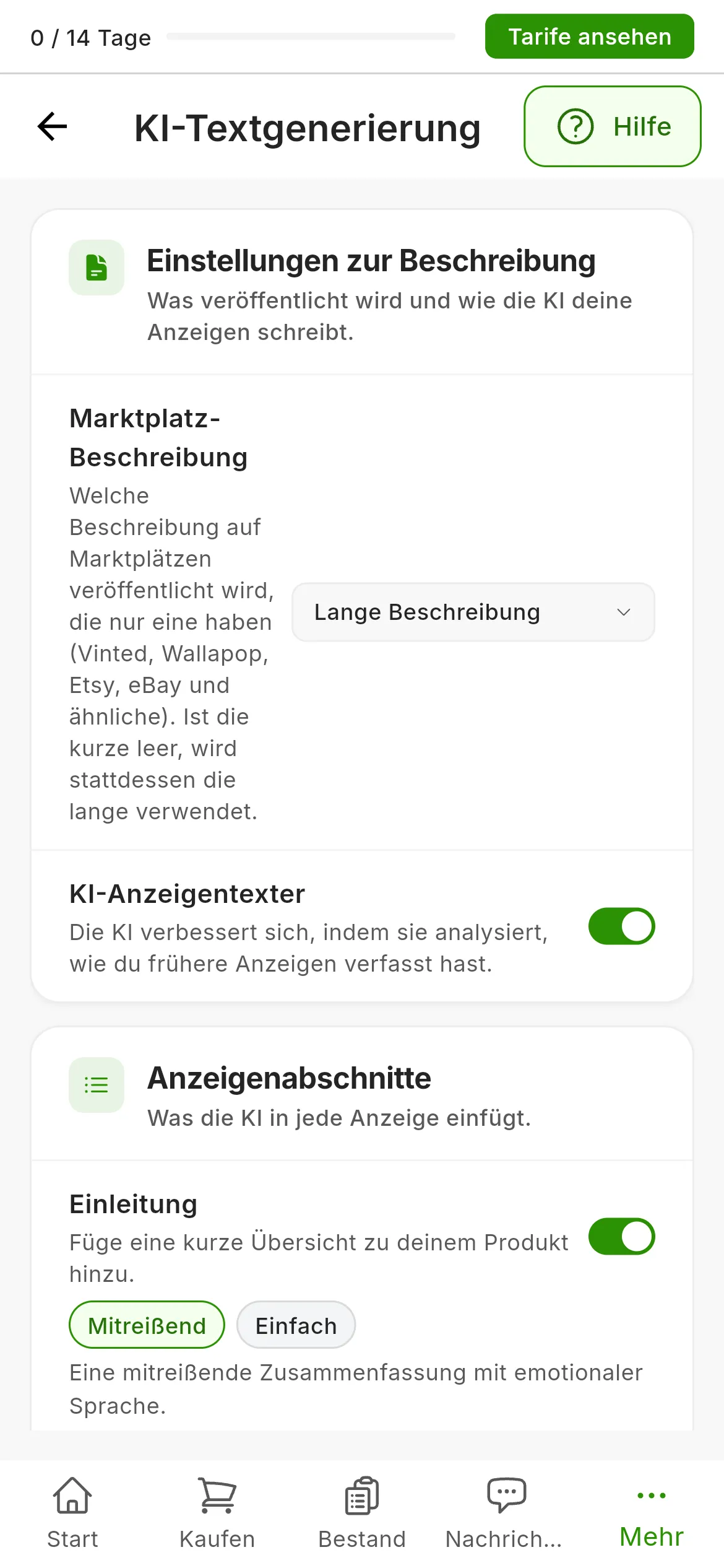 Einstellungen → KI-Textgenerierung: die Karte Einstellungen zur Beschreibung mit Marktplatz-Beschreibung auf Lange Beschreibung sowie die Karten Anzeigenabschnitte und KI-Einstellungen