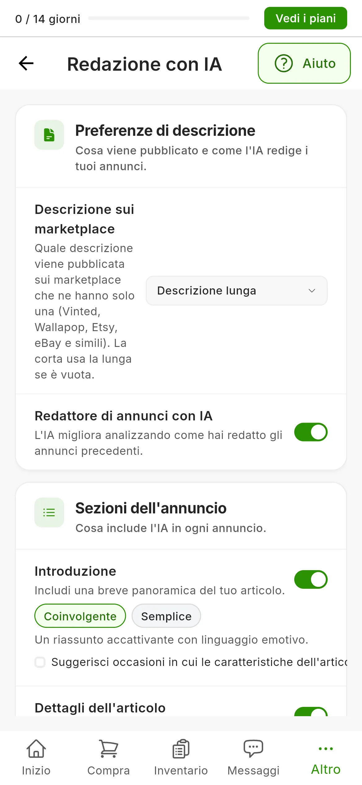 Impostazioni → Redazione con IA: il riquadro Preferenze di descrizione con Descrizione sui marketplace impostato su Descrizione lunga, e i riquadri Sezioni dell'annuncio e Impostazioni IA