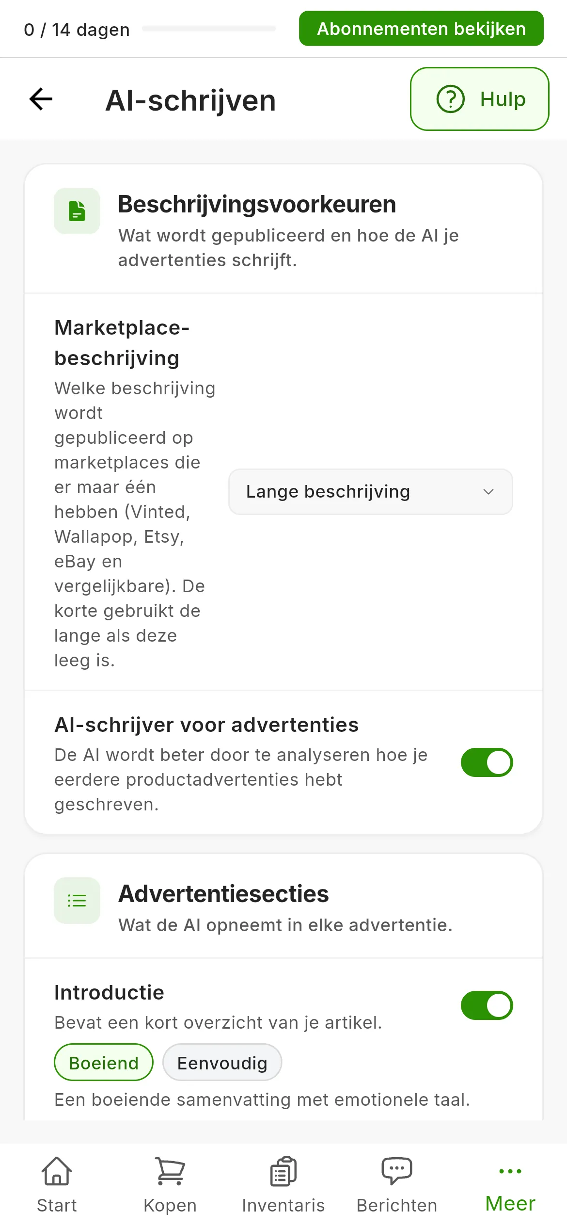 Instellingen → AI-schrijven: de kaart Beschrijvingsvoorkeuren met Marketplace-beschrijving op Lange beschrijving, en de kaarten Advertentiesecties en AI-instellingen