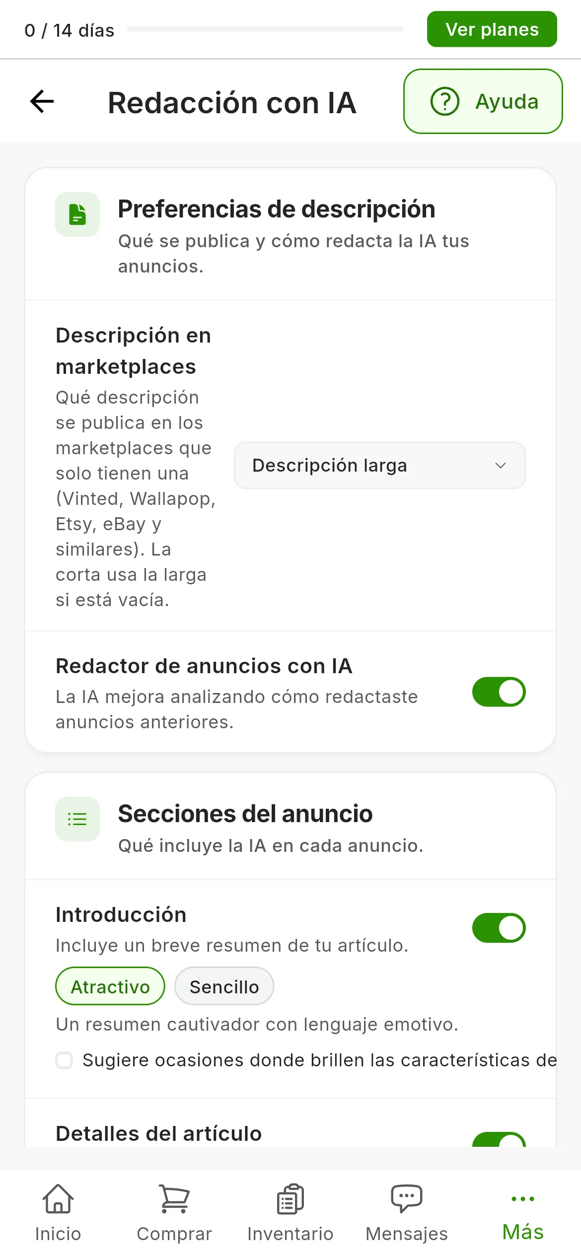 Configuración → Redacción con IA: la tarjeta Preferencias de descripción con Descripción en marketplaces puesto en Descripción larga, y las tarjetas Secciones del anuncio y Ajustes de IA