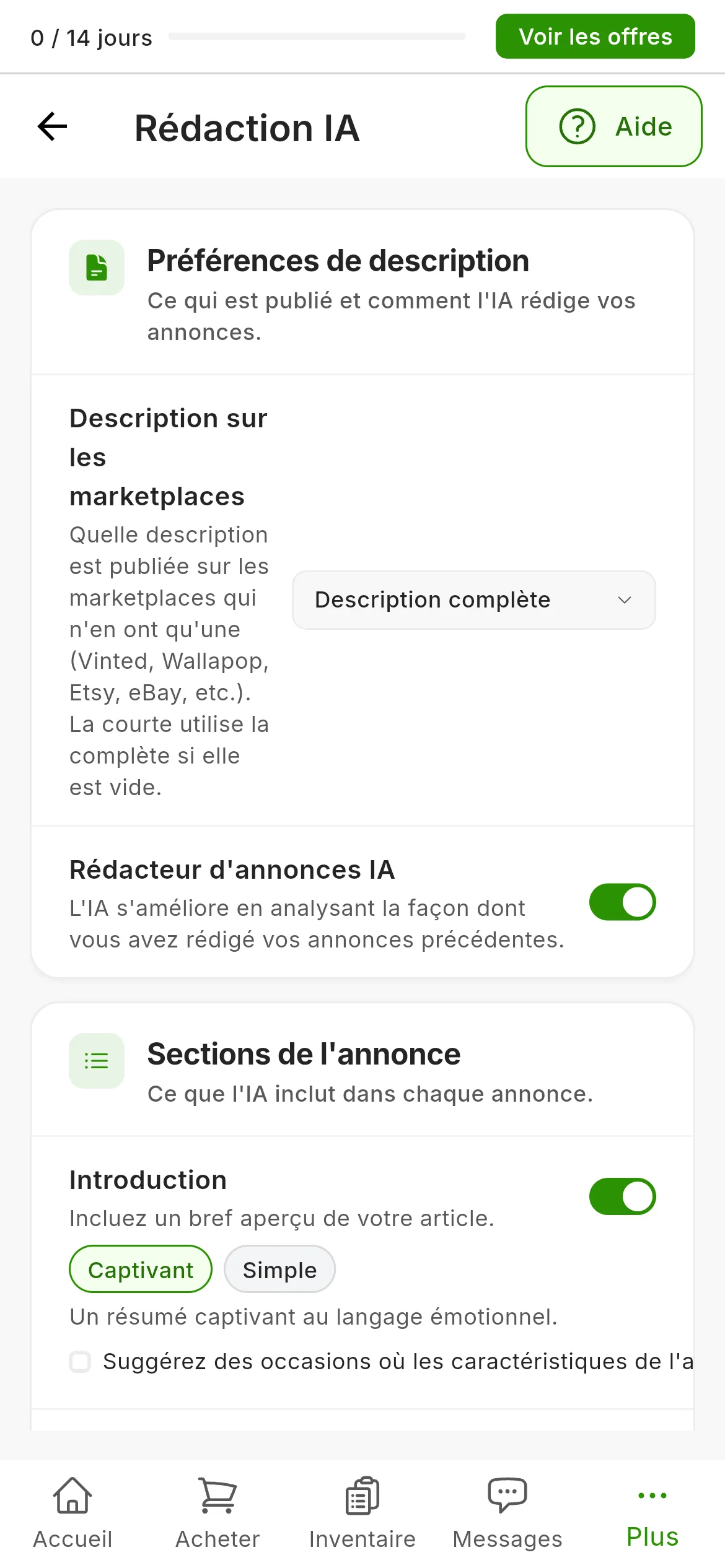 Paramètres → Rédaction IA : la carte Préférences de description avec Description sur les marketplaces réglé sur Description complète, et les cartes Sections de l'annonce et Réglages IA