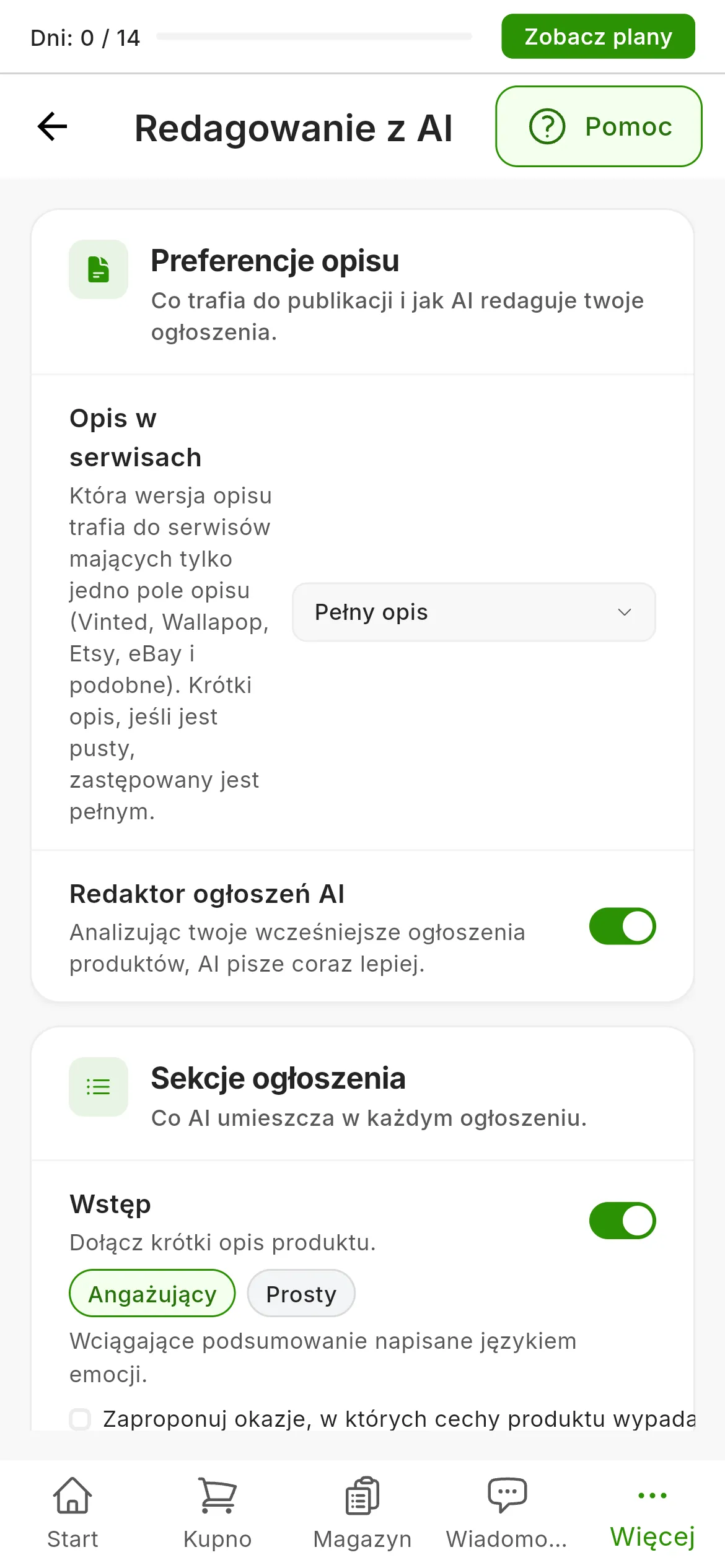 Ustawienia → Redagowanie z AI: karta Preferencje opisu, z polem Opis w serwisach ustawionym na Pełny opis, oraz karty Sekcje ogłoszenia i Ustawienia AI