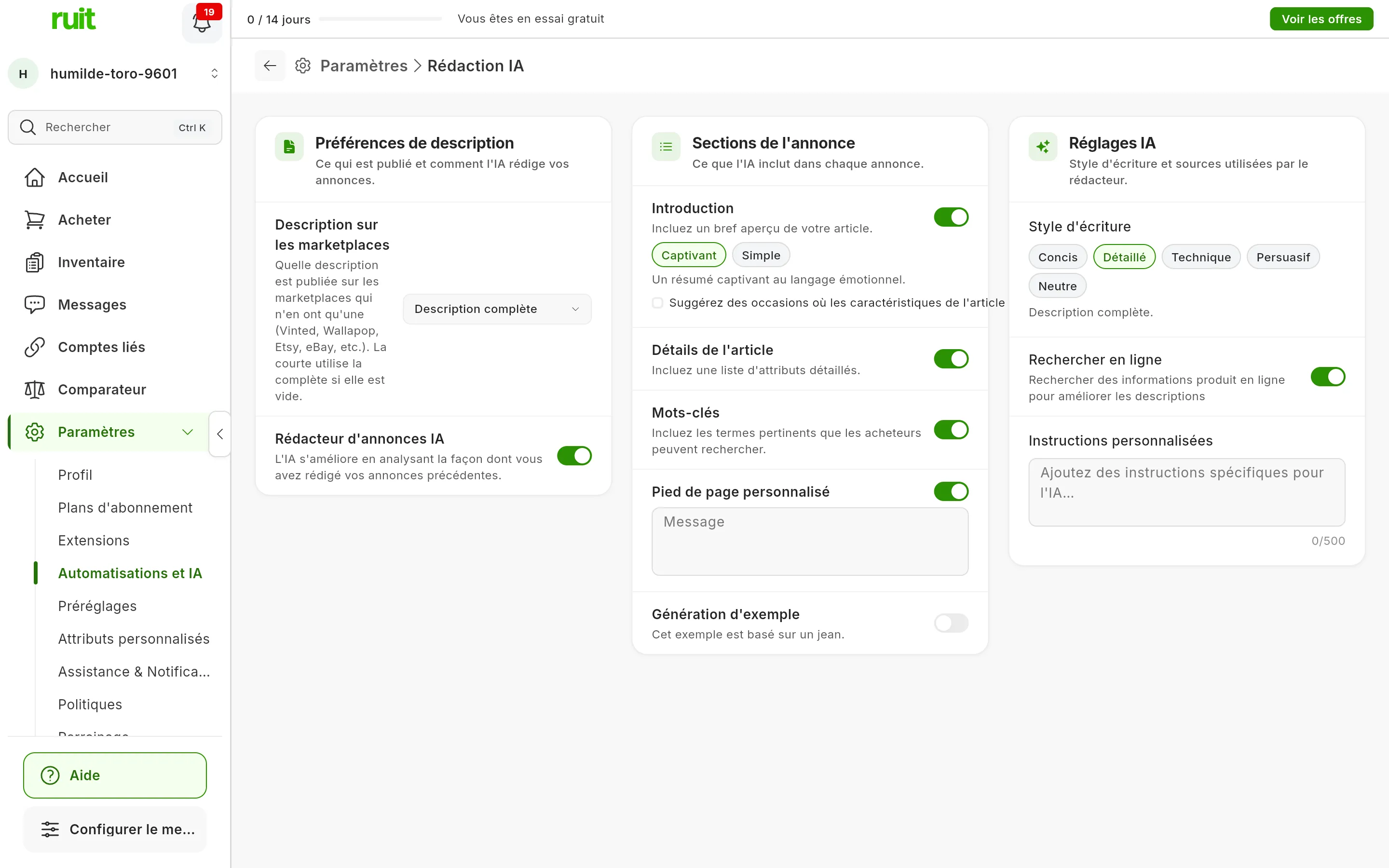 Paramètres → Rédaction IA : la carte Préférences de description avec Description sur les marketplaces réglé sur Description complète, et les cartes Sections de l'annonce et Réglages IA