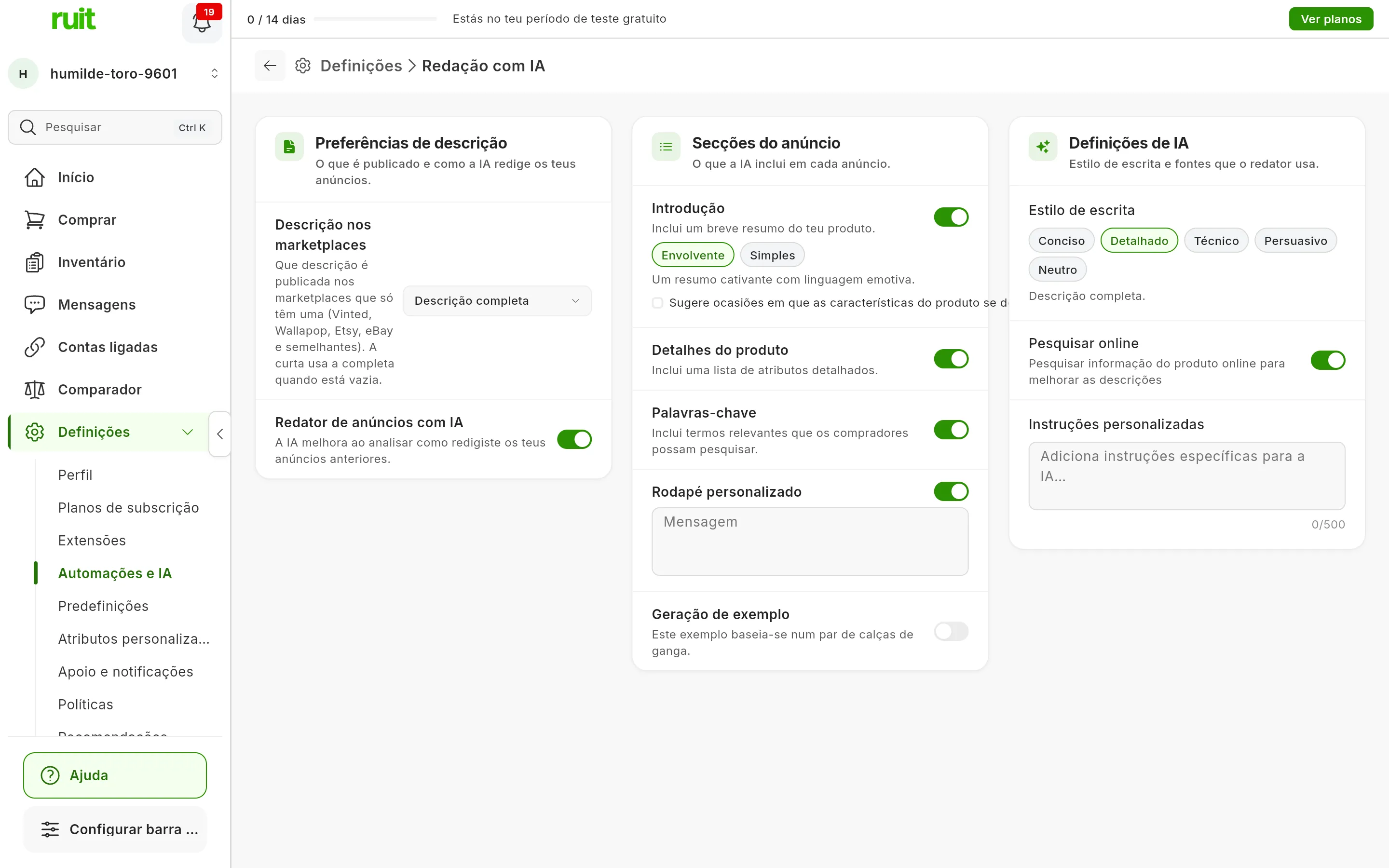Definições → Redação com IA: o cartão Preferências de descrição com Descrição nos marketplaces em Descrição completa, e os cartões Secções do anúncio e Definições de IA
