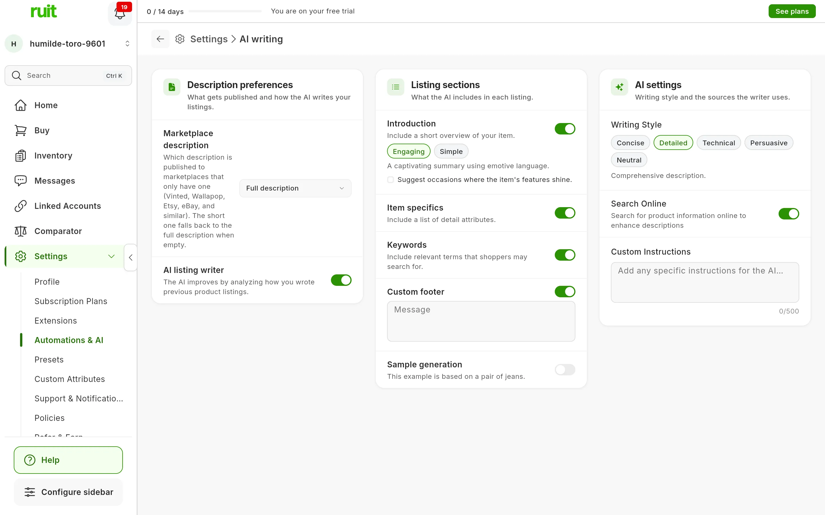 Settings → AI writing: the Description preferences card with Marketplace description set to Full description, and the Listing sections and AI settings cards