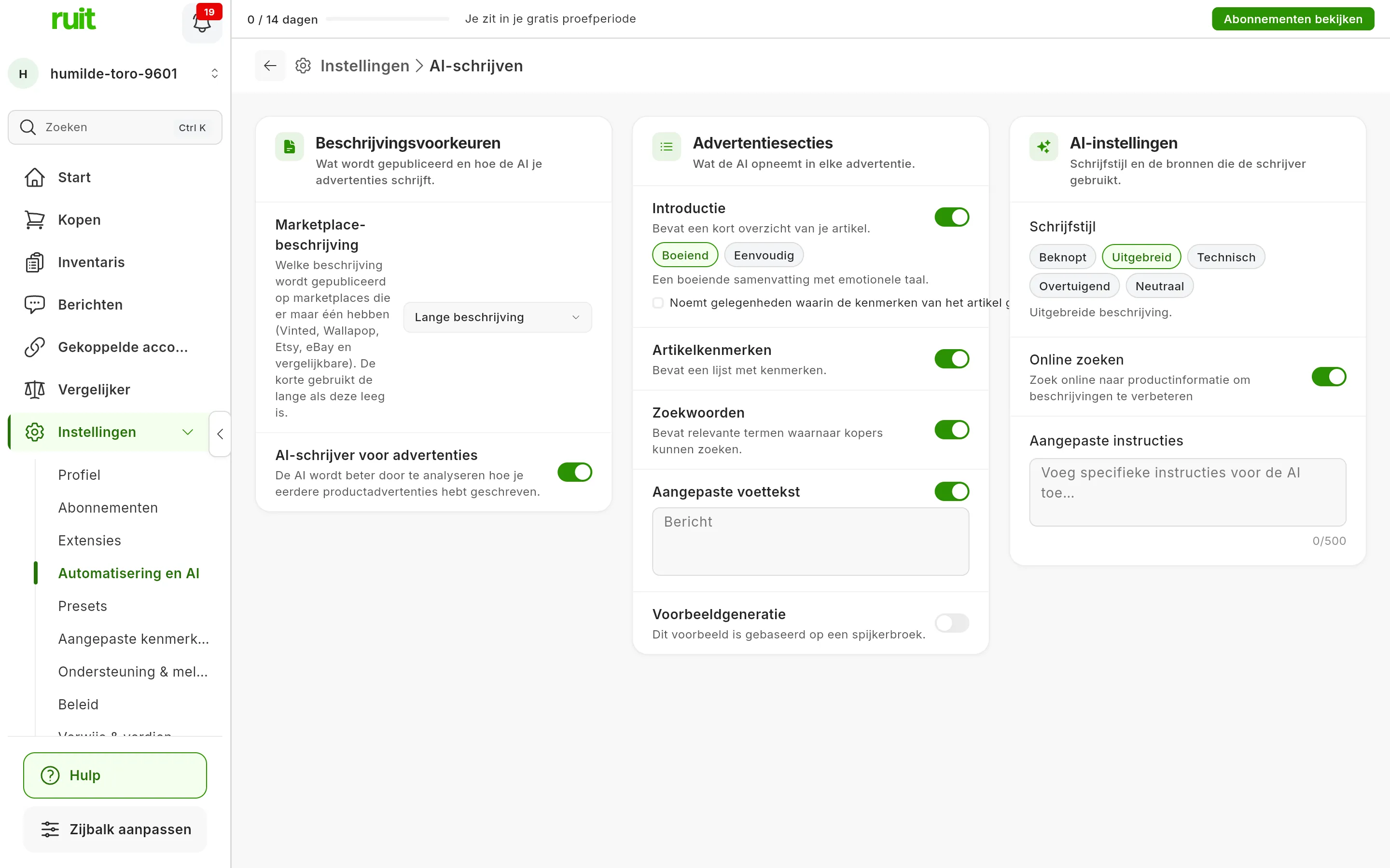 Instellingen → AI-schrijven: de kaart Beschrijvingsvoorkeuren met Marketplace-beschrijving op Lange beschrijving, en de kaarten Advertentiesecties en AI-instellingen