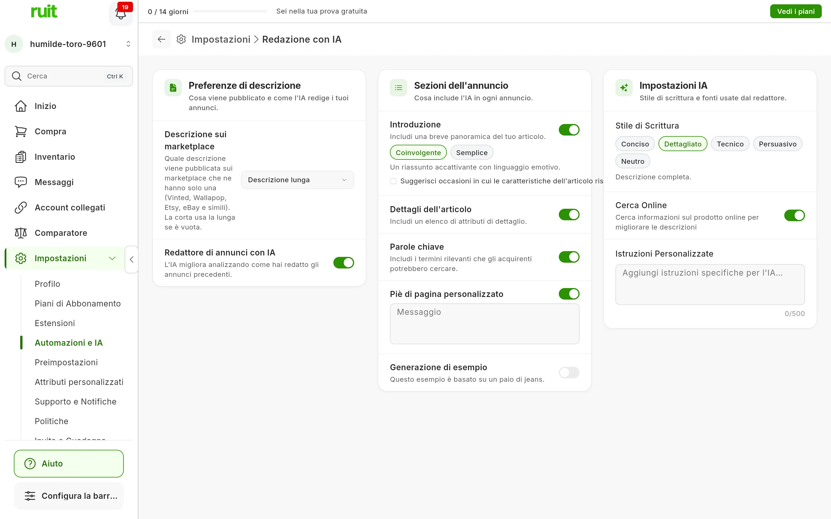 Impostazioni → Redazione con IA: il riquadro Preferenze di descrizione con Descrizione sui marketplace impostato su Descrizione lunga, e i riquadri Sezioni dell'annuncio e Impostazioni IA