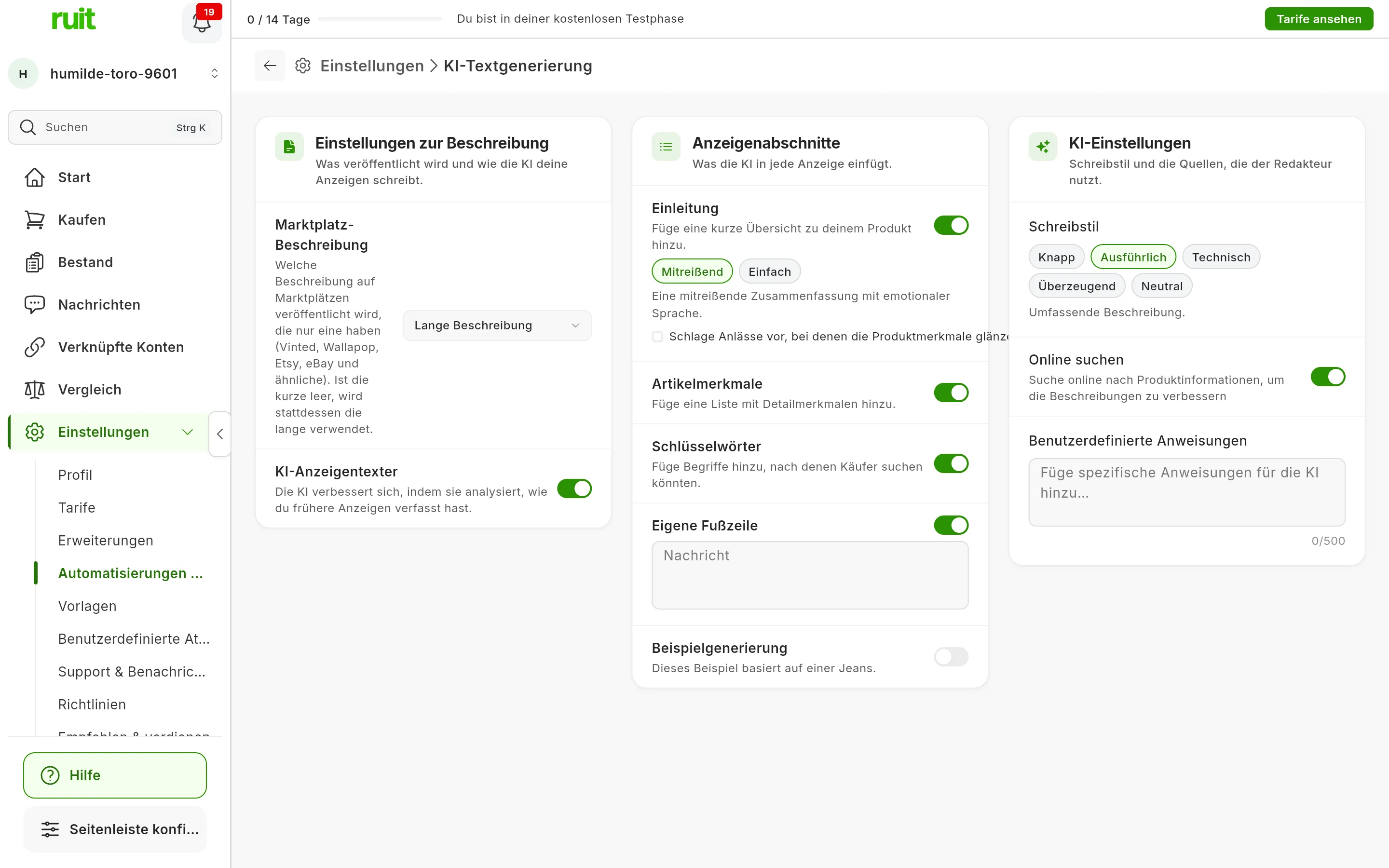 Einstellungen → KI-Textgenerierung: die Karte Einstellungen zur Beschreibung mit Marktplatz-Beschreibung auf Lange Beschreibung sowie die Karten Anzeigenabschnitte und KI-Einstellungen