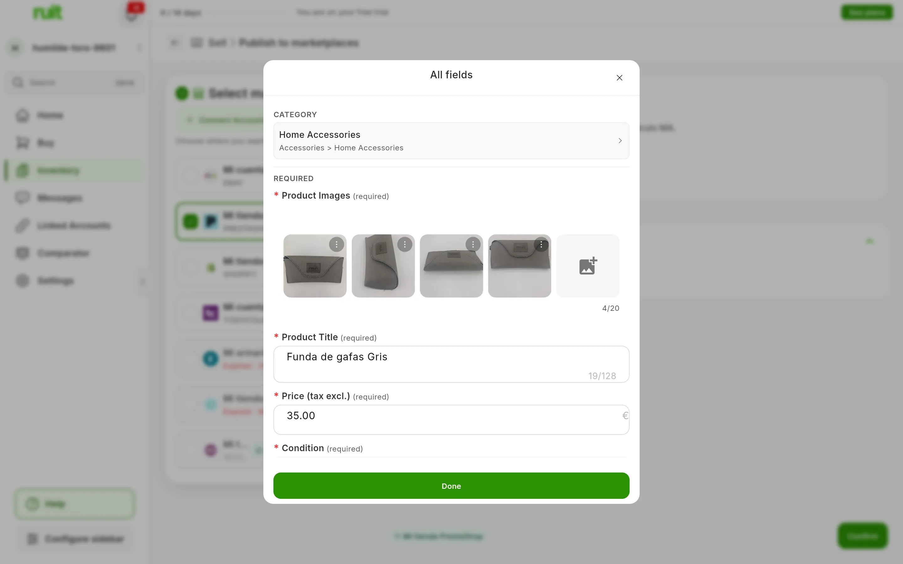 The All fields window for the PrestaShop account over the blurred screen: CATEGORY with the category the AI has chosen, and REQUIRED with the product's photos, title and price; at the bottom, Done
