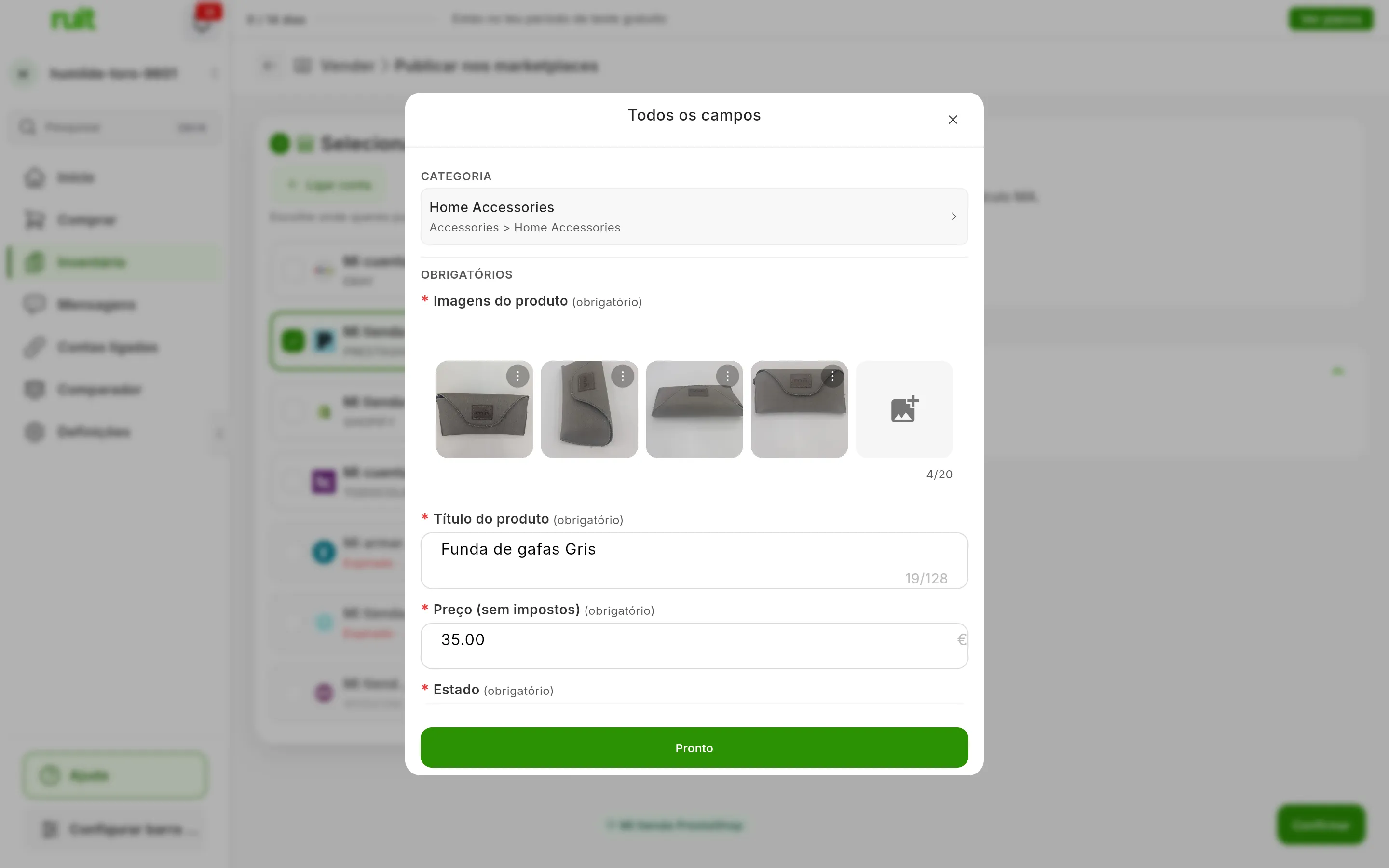 A janela Todos os campos da conta do PrestaShop sobre o ecrã desfocado: CATEGORIA com a categoria que a IA escolheu, e OBRIGATÓRIOS com as fotos, o título e o preço do produto; em baixo, Pronto