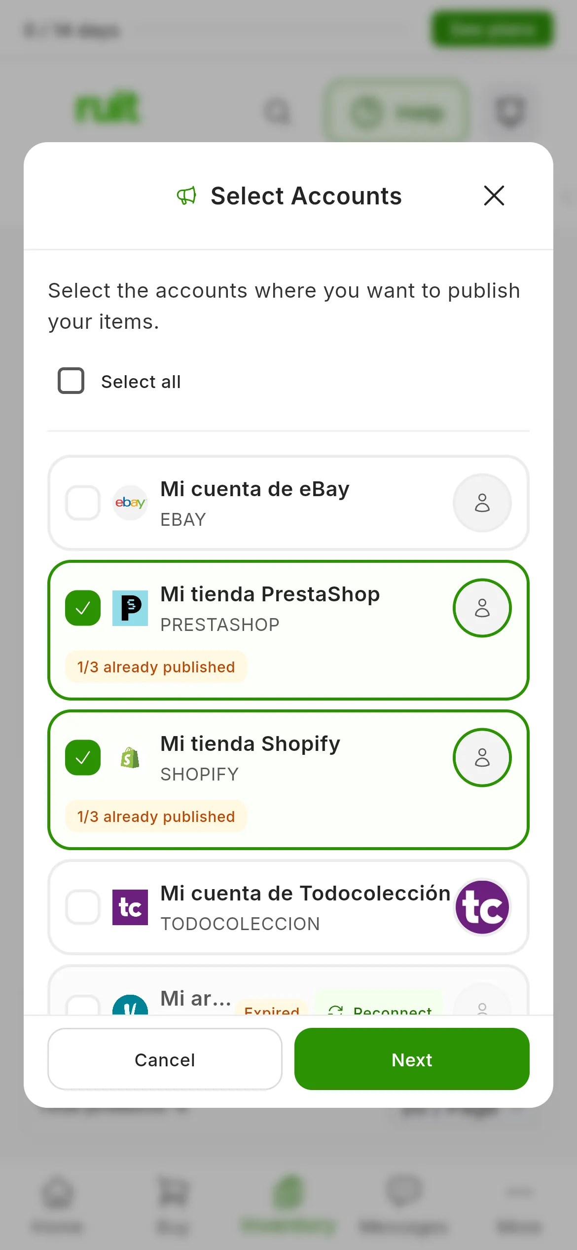 The Select Accounts step over the blurred table: Mi tienda PrestaShop and Mi tienda Shopify ticked, each with the 1/3 already published label; Mi cuenta de eBay and Mi cuenta de Todocolección unticked, and Mi armario de segunda mano expired, with Reconnect; at the bottom, Cancel and Next