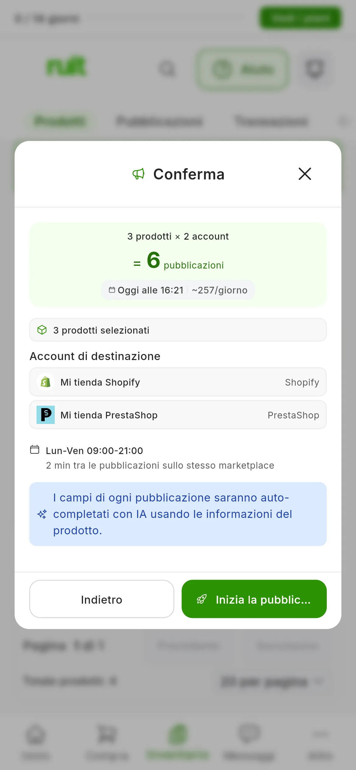 Il passo Conferma: 3 prodotti × 2 account = 6 pubblicazioni, con l'ora stimata di fine e la media al giorno; 3 prodotti selezionati, gli Account di destinazione, l'orario Lun-Ven 09:00-21:00 con 2 min tra le pubblicazioni sullo stesso marketplace e l'avviso blu dell'IA; in basso, Indietro e Inizia la pubblicazione