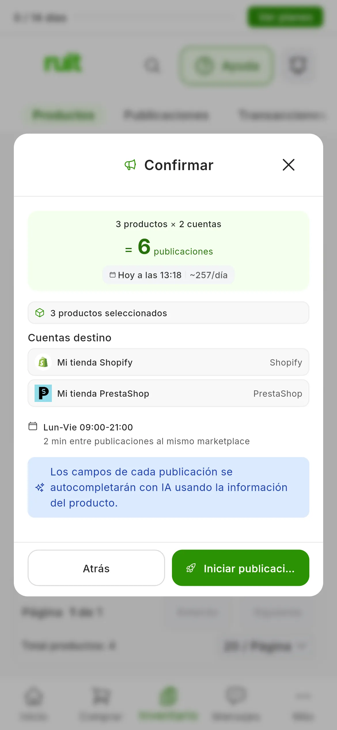 El paso Confirmar: 3 productos × 2 cuentas = 6 publicaciones, con la hora estimada de fin y la media al día; 3 productos seleccionados, las Cuentas destino, el horario Lun-Vie 09:00-21:00 con 2 min entre publicaciones al mismo marketplace y el aviso azul de la IA; abajo, Atrás e Iniciar publicación