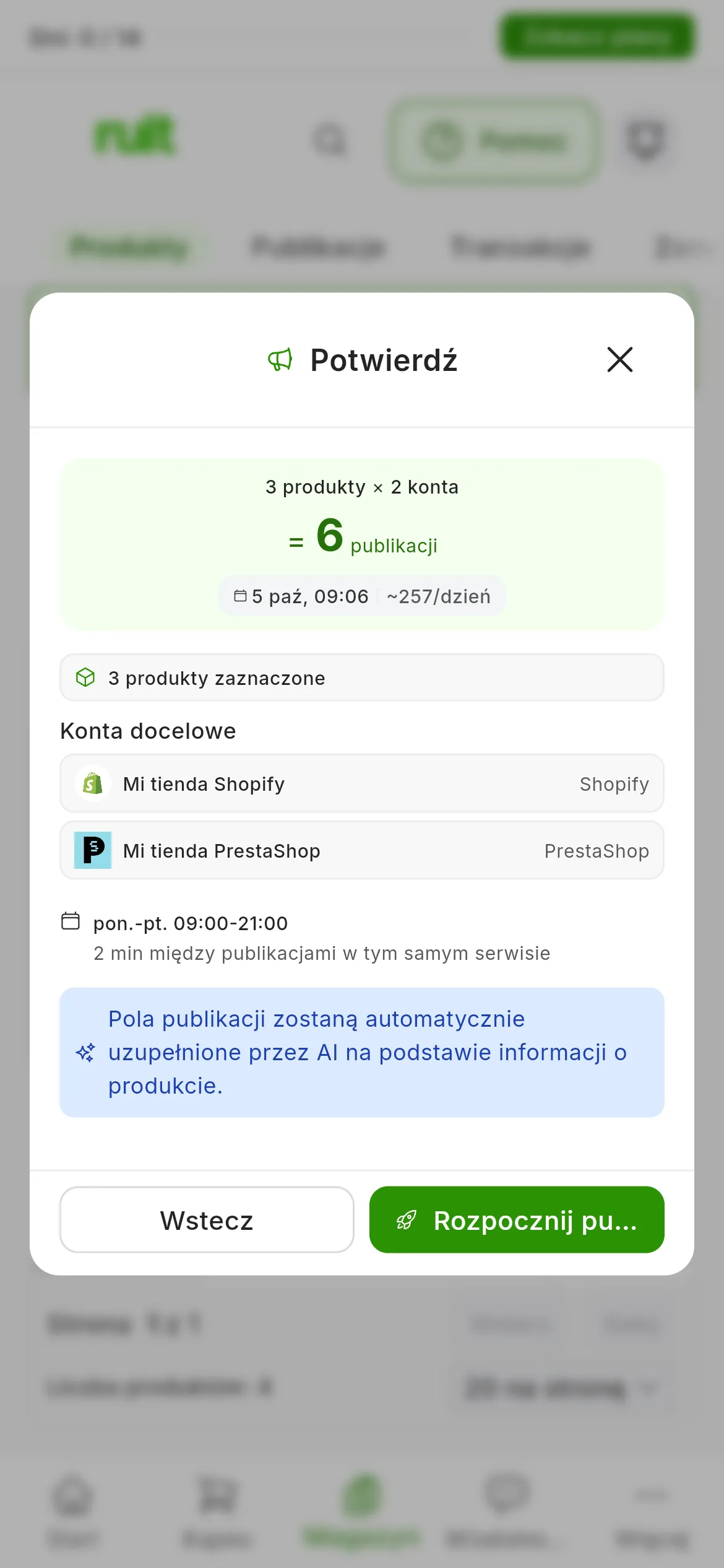 Krok Potwierdź: 3 produkty × 2 konta = 6 publikacji, z szacowaną godziną zakończenia i średnią dzienną; 3 zaznaczone produkty, Konta docelowe, harmonogram od poniedziałku do piątku od 09:00 do 21:00 z odstępem 2 min między publikacjami w tym samym serwisie i niebieska informacja o AI; na dole Wstecz i Rozpocznij publikowanie