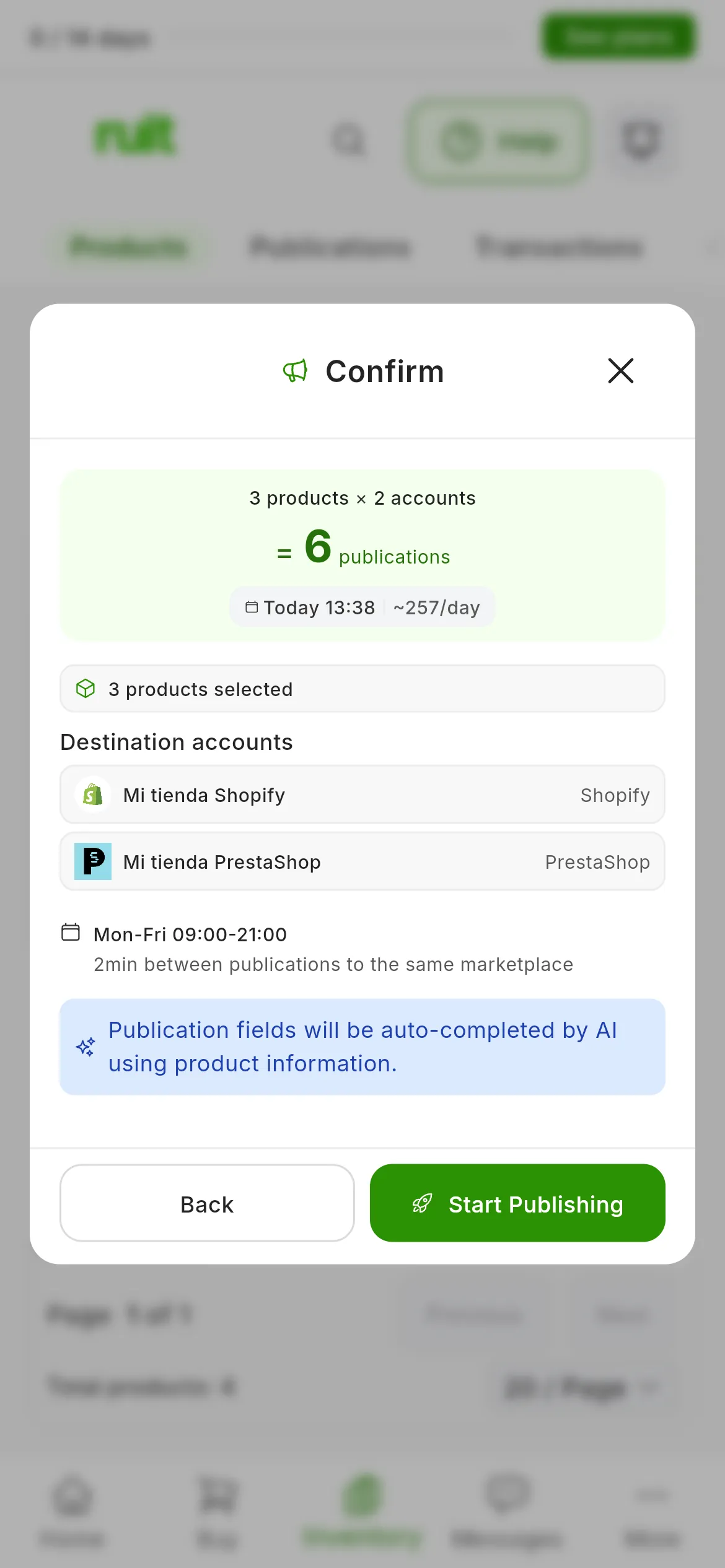 The Confirm step: 3 products × 2 accounts = 6 publications, with the estimated finish time and the daily average; 3 products selected, the Destination accounts, the Mon-Fri 09:00-21:00 schedule with 2min between publications to the same marketplace and the blue AI notice; at the bottom, Back and Start Publishing