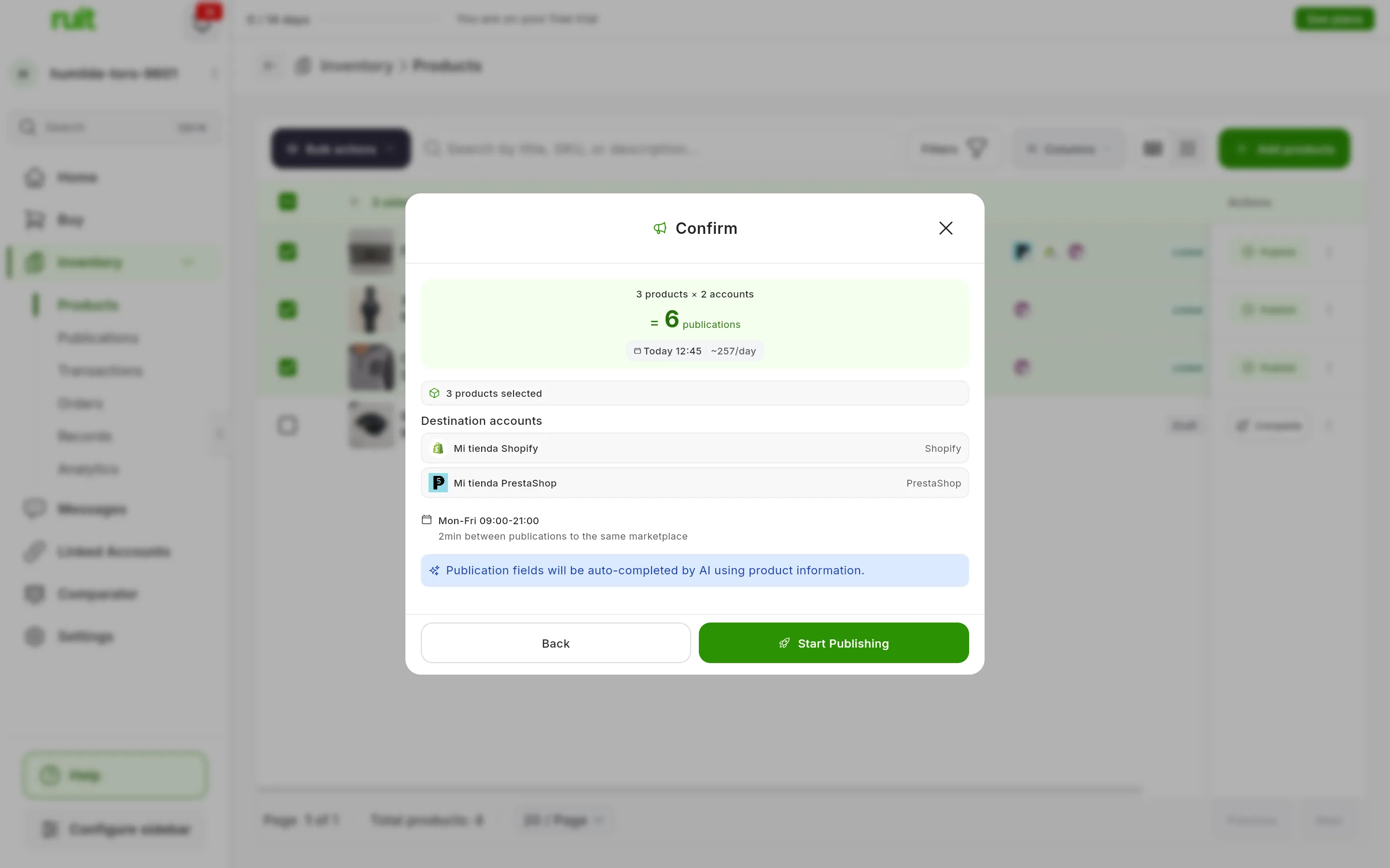 The Confirm step: 3 products × 2 accounts = 6 publications, with the estimated finish time and the daily average; 3 products selected, the Destination accounts, the Mon-Fri 09:00-21:00 schedule with 2min between publications to the same marketplace and the blue AI notice; at the bottom, Back and Start Publishing