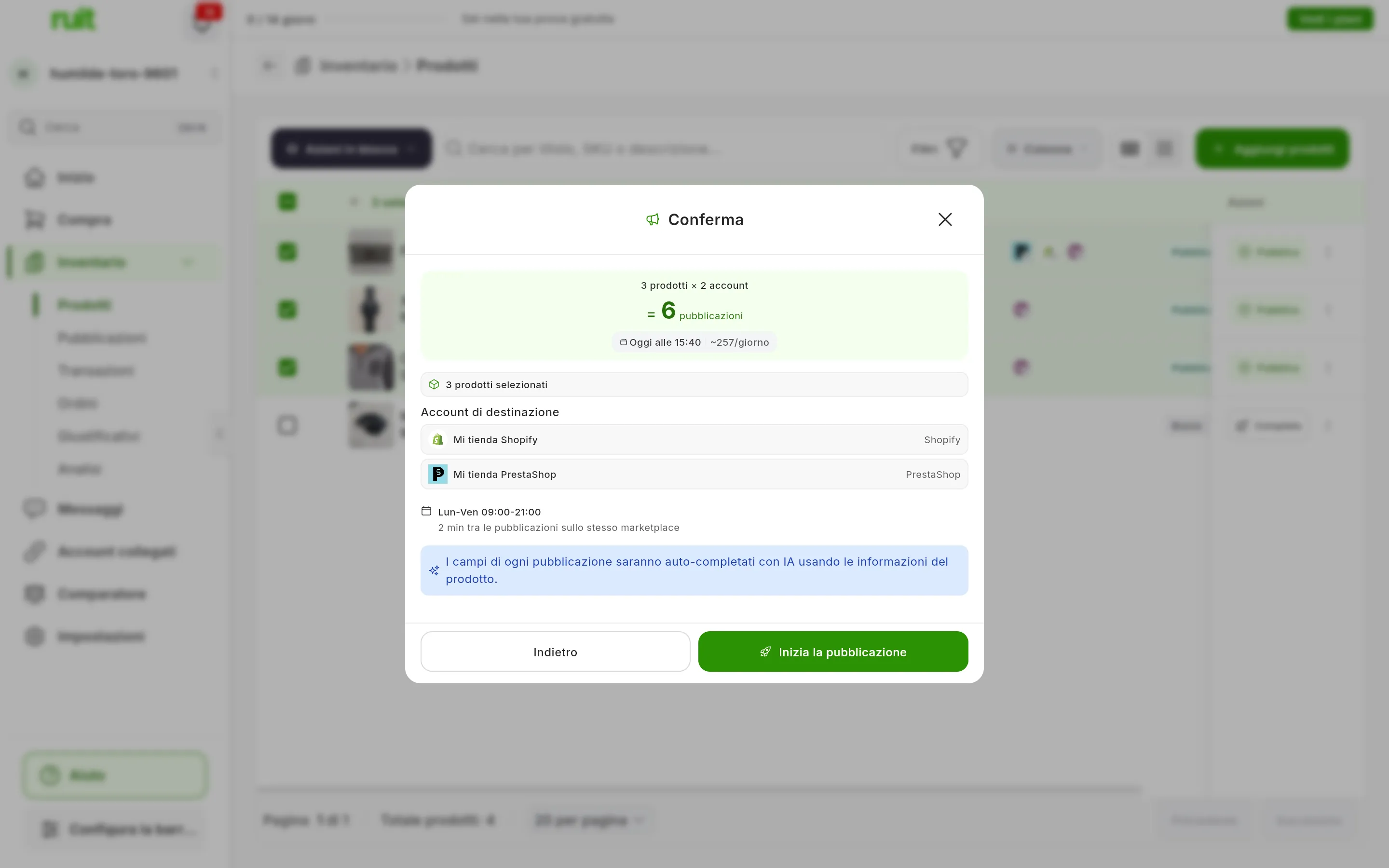 Il passo Conferma: 3 prodotti × 2 account = 6 pubblicazioni, con l'ora stimata di fine e la media al giorno; 3 prodotti selezionati, gli Account di destinazione, l'orario Lun-Ven 09:00-21:00 con 2 min tra le pubblicazioni sullo stesso marketplace e l'avviso blu dell'IA; in basso, Indietro e Inizia la pubblicazione