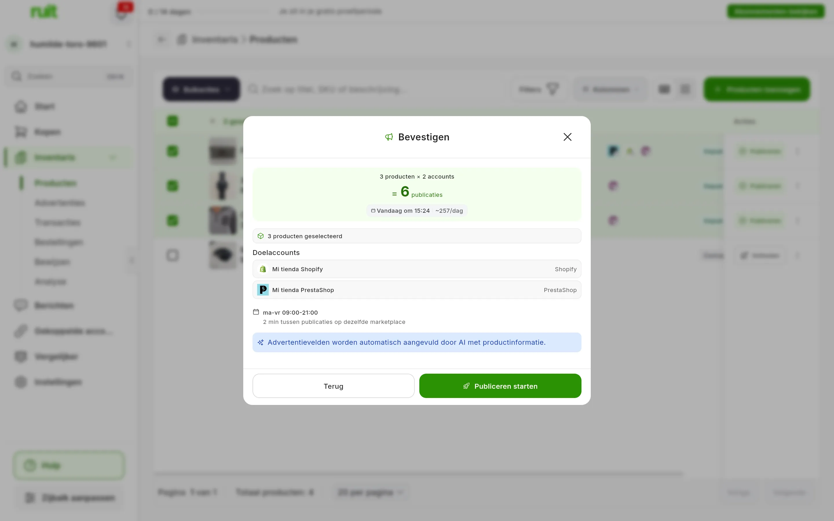 De stap Bevestigen: 3 producten × 2 accounts = 6 publicaties, met de geschatte eindtijd en het gemiddelde per dag; 3 producten geselecteerd, de Doelaccounts, het schema ma-vr 09:00-21:00 met 2 min tussen publicaties op dezelfde marketplace en de blauwe melding over de AI; onderaan Terug en Publiceren starten