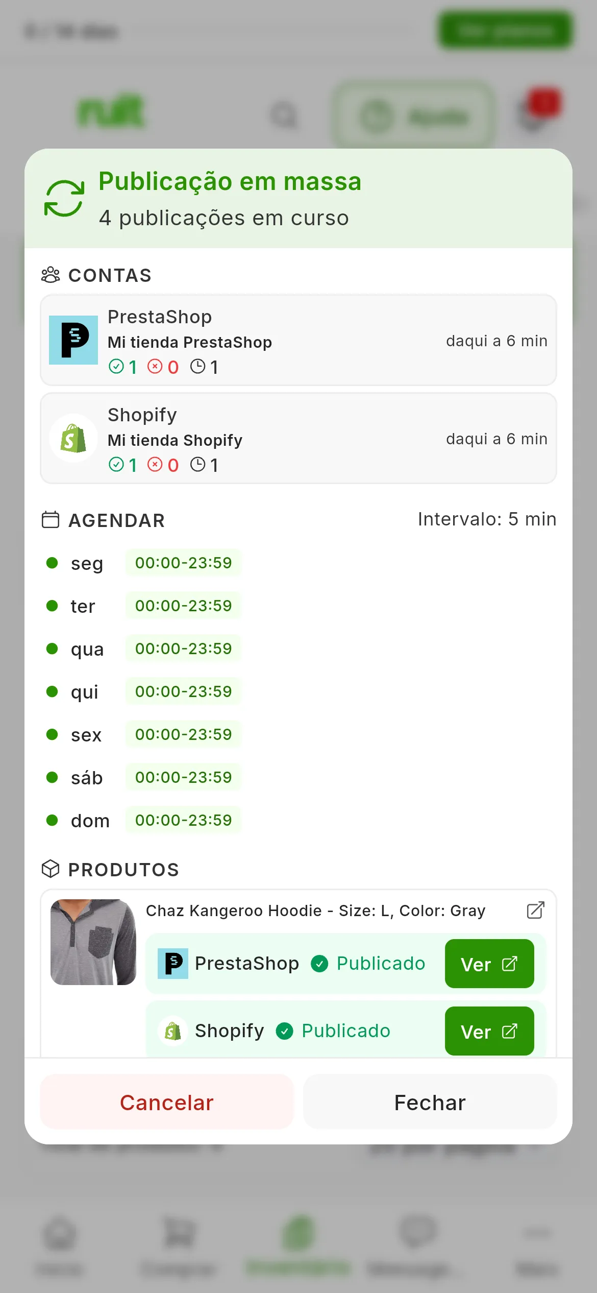 A janela Publicação em massa de uma tarefa em curso, com 4 publicações em curso: em CONTAS, Mi tienda PrestaShop e Mi tienda Shopify com os seus contadores e a seguinte daqui a 5 min; em AGENDAR, Intervalo: 5 min e as horas de cada dia; em PRODUTOS, um produto com a linha Publicado e o botão Ver em cada loja; em baixo, Cancelar e Fechar