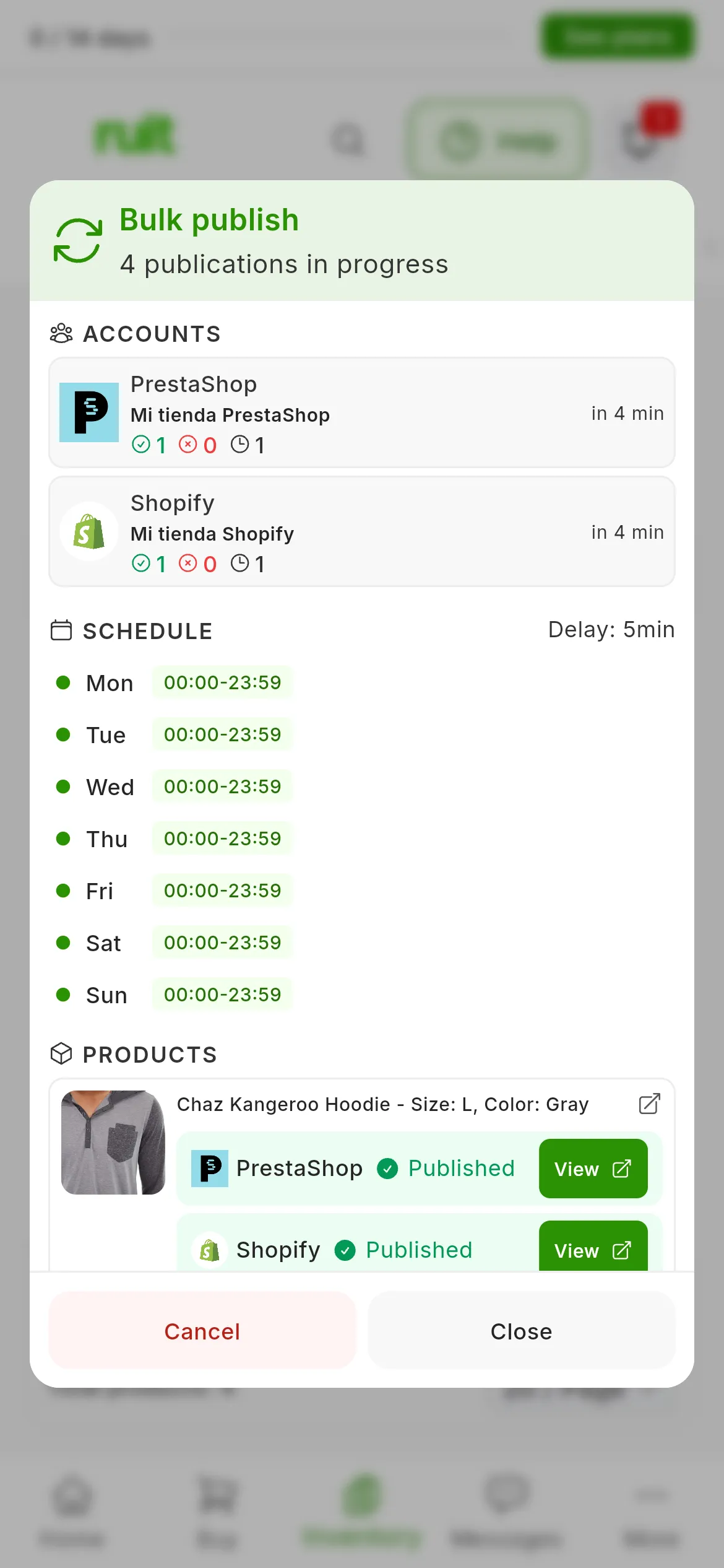 The Bulk publish window of a running job, with 4 publications in progress: under ACCOUNTS, Mi tienda PrestaShop and Mi tienda Shopify with their counters and the next one in 5 min; under SCHEDULE, Delay: 5min and the hours for each day; under PRODUCTS, a product with its Published row and the View button for each store; at the bottom, Cancel and Close