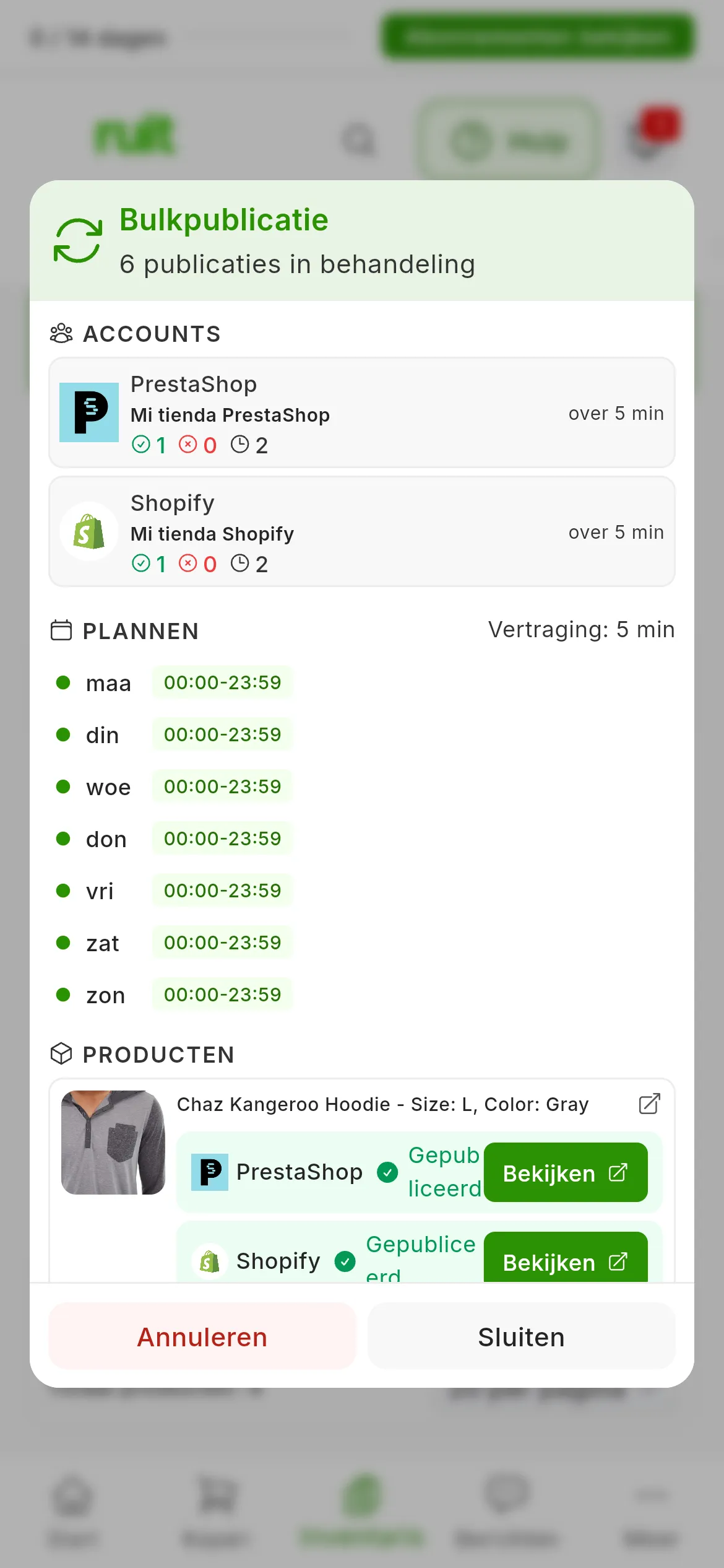 Het venster Bulkpublicatie van een lopende taak, met 4 publicaties in behandeling: bij ACCOUNTS Mi tienda PrestaShop en Mi tienda Shopify met hun tellers en de volgende over 5 min; bij PLANNEN Vertraging: 5 min en de uren van elke dag; bij PRODUCTEN een product met zijn rij Gepubliceerd en de knop Bekijken bij elke winkel; onderaan Annuleren en Sluiten