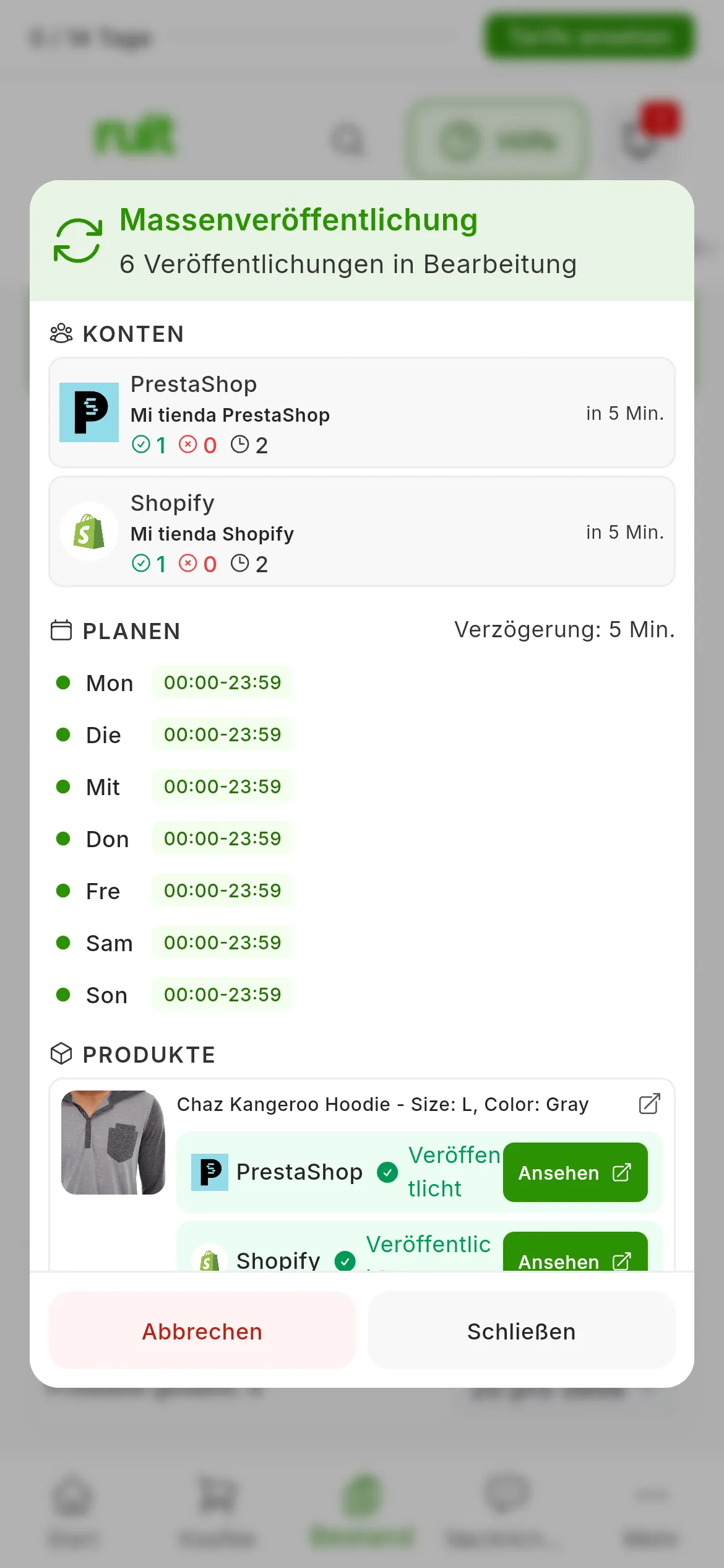 Das Fenster Massenveröffentlichung eines laufenden Auftrags, mit 4 Veröffentlichungen in Bearbeitung: unter KONTEN Mi tienda PrestaShop und Mi tienda Shopify mit ihren Zählern und der nächsten in 5 Min.; unter PLANEN Verzögerung: 5 Min. und die Zeiten jedes Tages; unter PRODUKTE ein Produkt mit seiner Zeile Veröffentlicht und der Schaltfläche Ansehen in jedem Shop; unten Abbrechen und Schließen