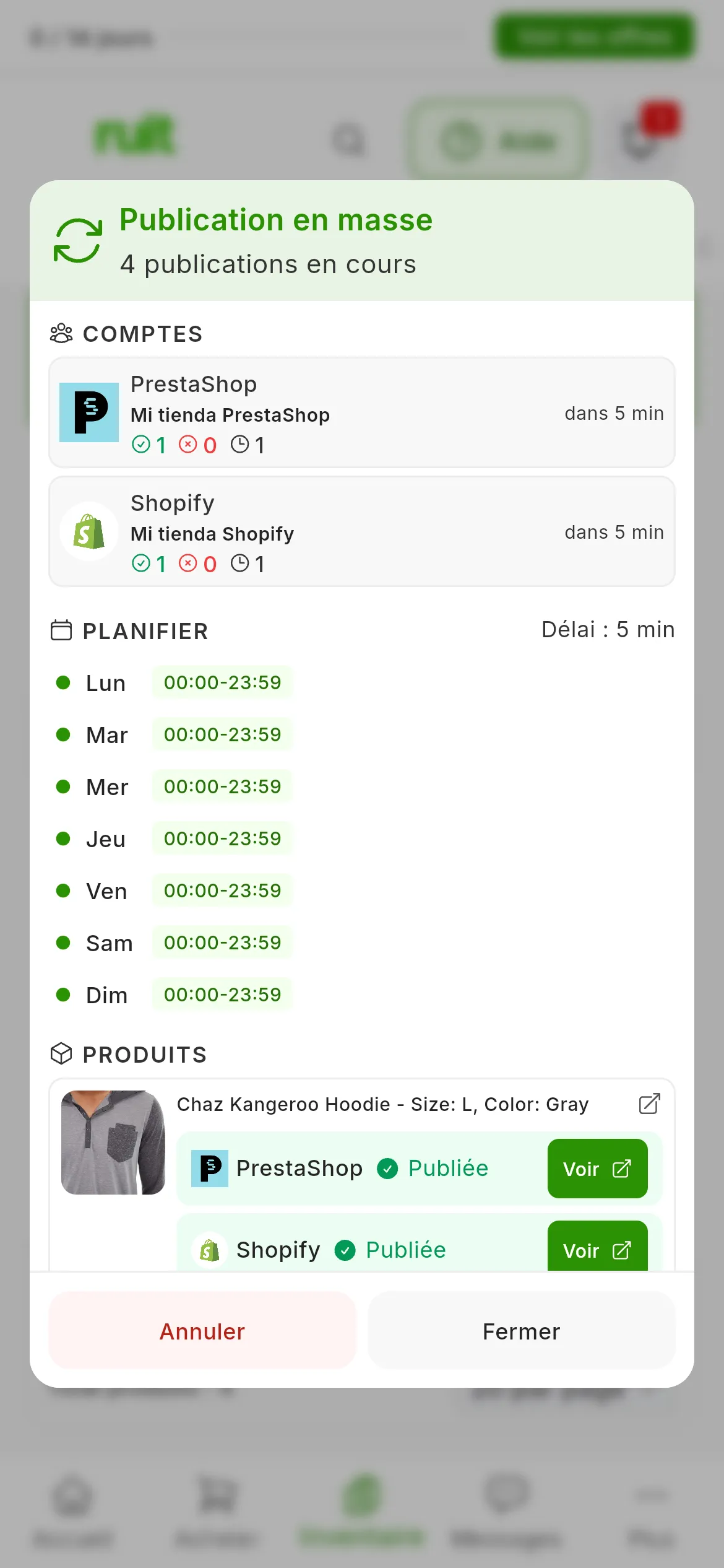 La fenêtre Publication en masse d'une tâche en cours, avec 4 publications en cours : dans COMPTES, Mi tienda PrestaShop et Mi tienda Shopify avec leurs compteurs et la suivante dans 5 min ; dans PLANIFIER, Délai : 5 min et les heures de chaque jour ; dans PRODUITS, un produit avec sa ligne Publiée et le bouton Voir pour chaque boutique ; en bas, Annuler et Fermer