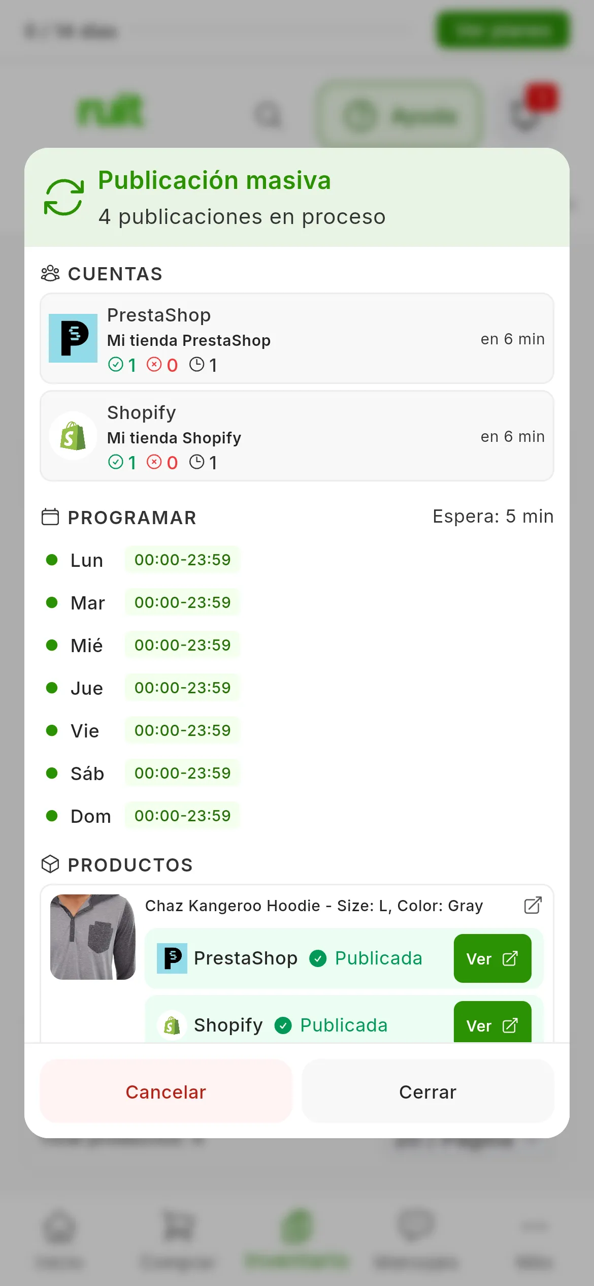 La ventana Publicación masiva de un trabajo en marcha, con 4 publicaciones en proceso: en CUENTAS, Mi tienda PrestaShop y Mi tienda Shopify con sus contadores y la siguiente en 5 min; en PROGRAMAR, Espera: 5 min y las horas de cada día; en PRODUCTOS, un producto con su fila Publicada y el botón Ver en cada tienda; abajo, Cancelar y Cerrar