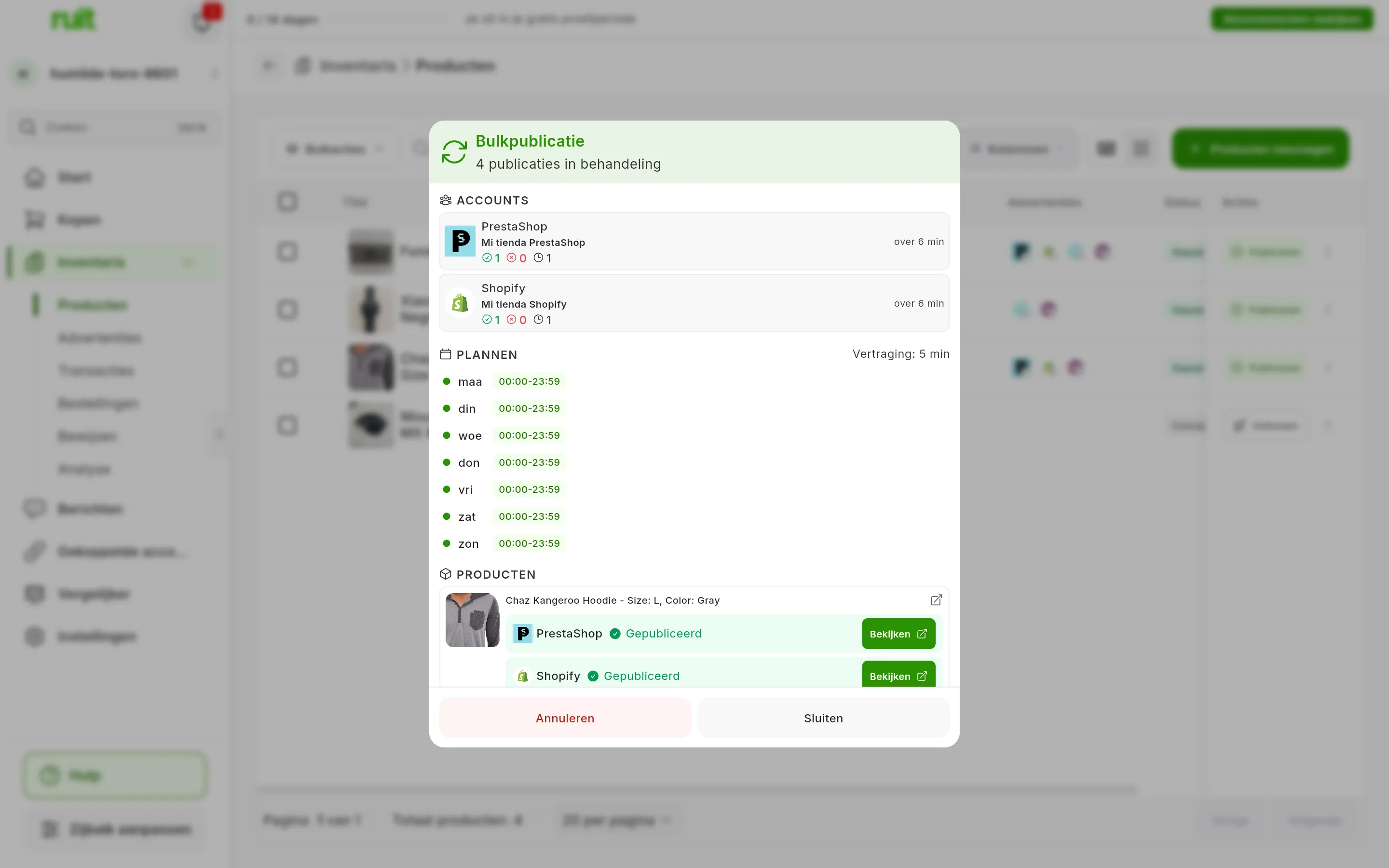 Het venster Bulkpublicatie van een lopende taak, met 4 publicaties in behandeling: bij ACCOUNTS Mi tienda PrestaShop en Mi tienda Shopify met hun tellers en de volgende over 5 min; bij PLANNEN Vertraging: 5 min en de uren van elke dag; bij PRODUCTEN een product met zijn rij Gepubliceerd en de knop Bekijken bij elke winkel; onderaan Annuleren en Sluiten