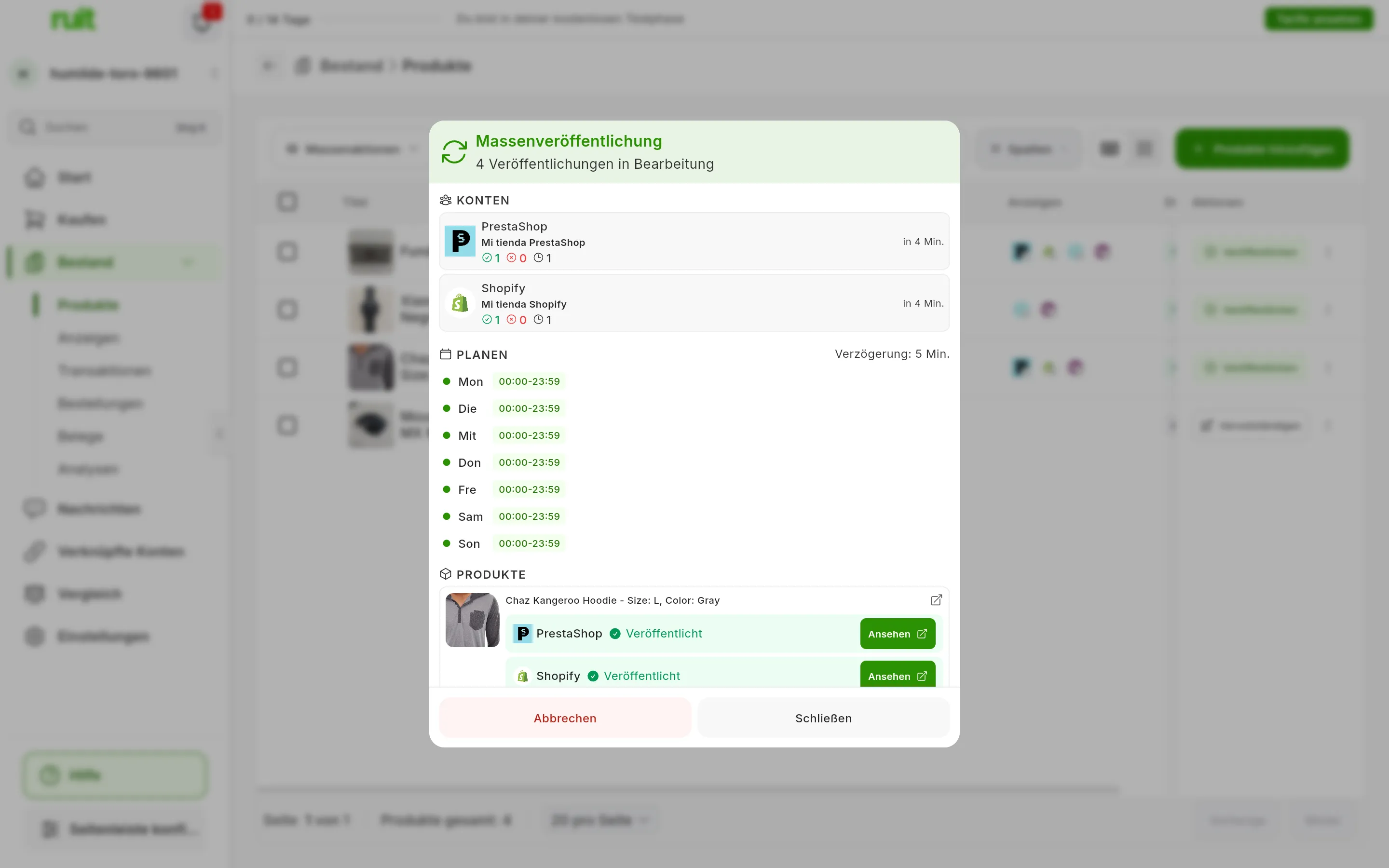 Das Fenster Massenveröffentlichung eines laufenden Auftrags, mit 4 Veröffentlichungen in Bearbeitung: unter KONTEN Mi tienda PrestaShop und Mi tienda Shopify mit ihren Zählern und der nächsten in 5 Min.; unter PLANEN Verzögerung: 5 Min. und die Zeiten jedes Tages; unter PRODUKTE ein Produkt mit seiner Zeile Veröffentlicht und der Schaltfläche Ansehen in jedem Shop; unten Abbrechen und Schließen