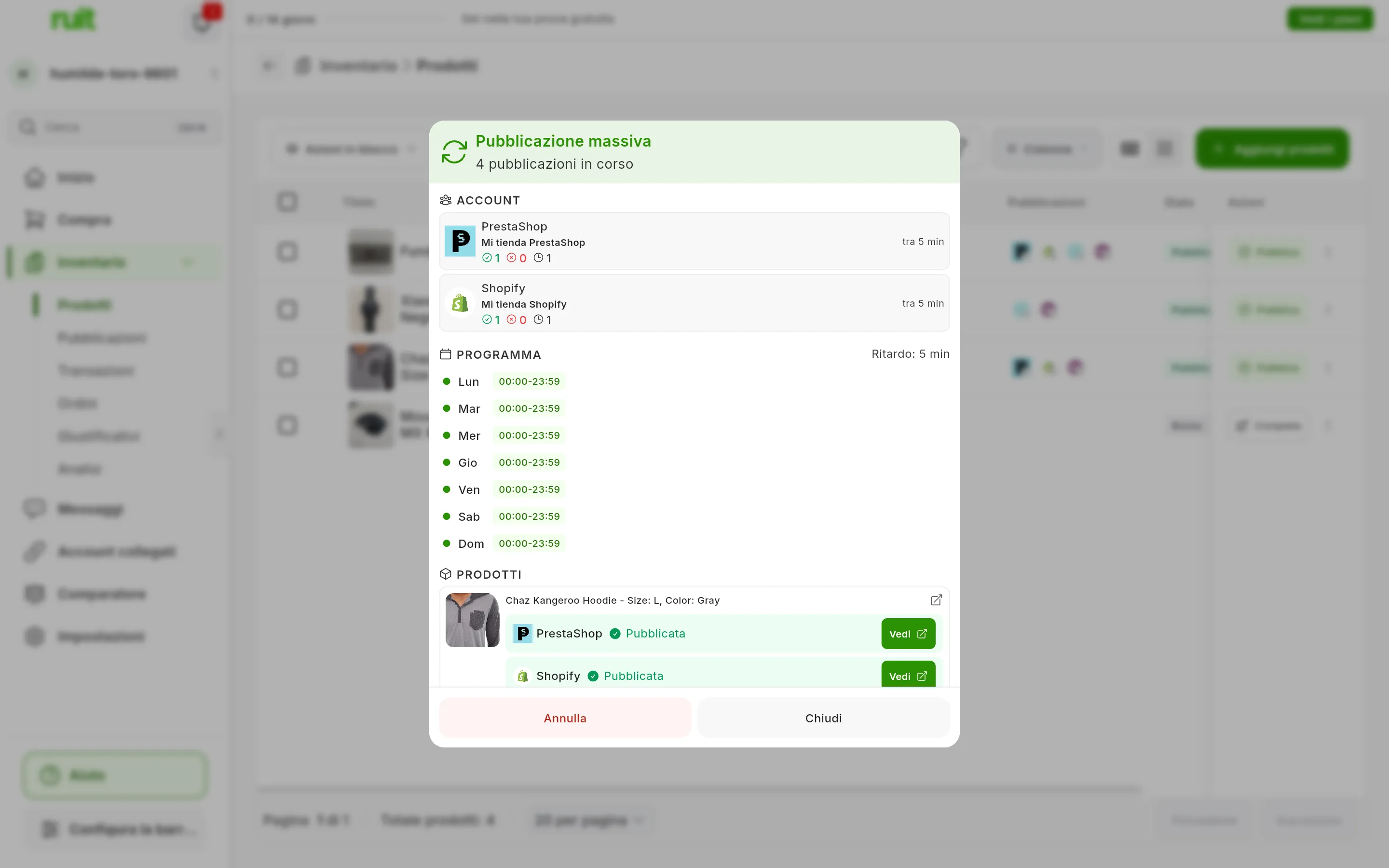 La finestra Pubblicazione massiva di un processo avviato, con 4 pubblicazioni in corso: in ACCOUNT, Mi tienda PrestaShop e Mi tienda Shopify con i loro contatori e la prossima tra 5 min; in PROGRAMMA, Ritardo: 5 min e le ore di ogni giorno; in PRODOTTI, un prodotto con la sua riga Pubblicata e il pulsante Vedi in ogni negozio; in basso, Annulla e Chiudi