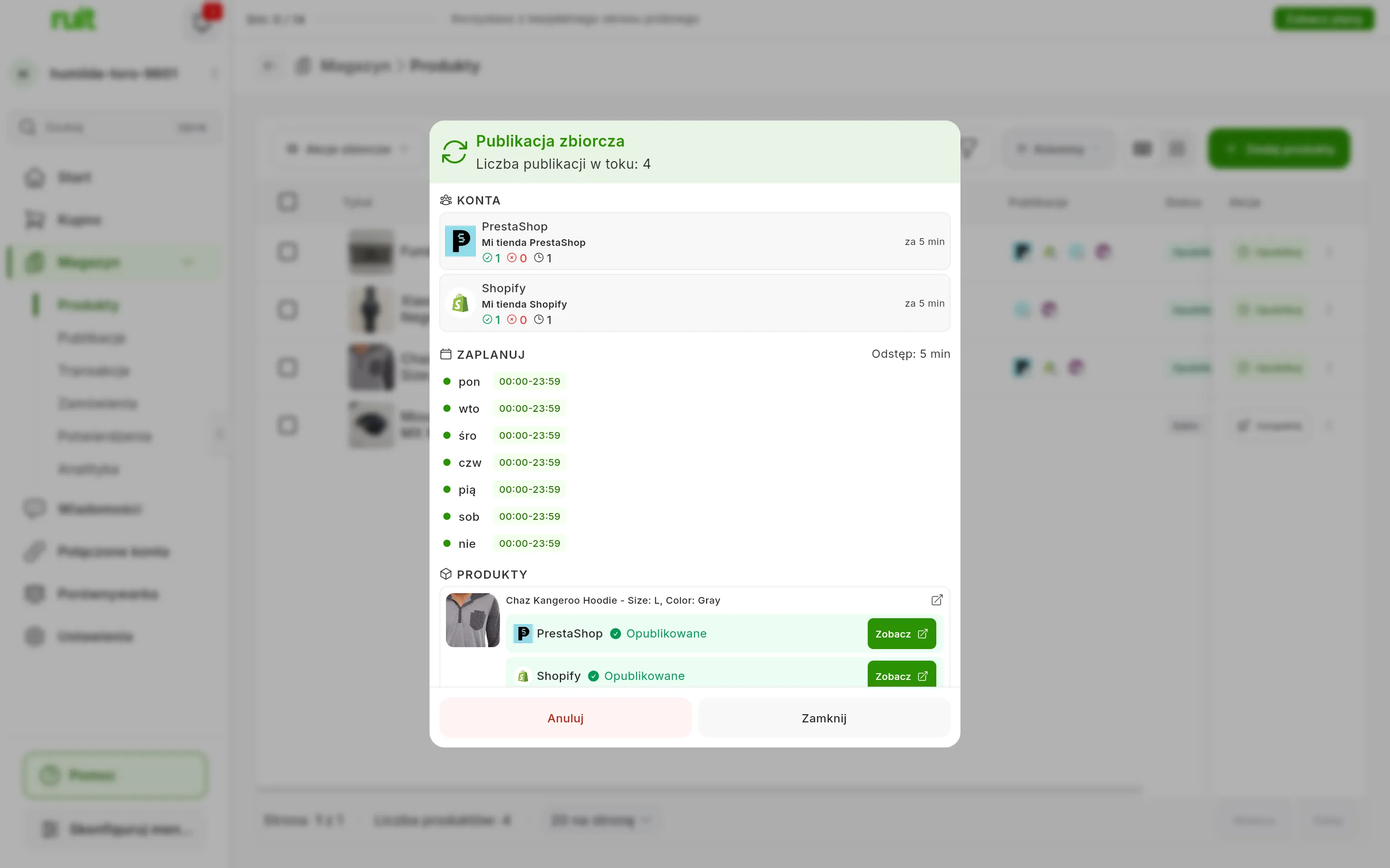 Okno Publikacja zbiorcza zadania w toku, z 4 publikacjami w toku: w KONTA Mi tienda PrestaShop i Mi tienda Shopify z licznikami i następną publikacją za 5 min; w ZAPLANUJ Odstęp: 5 min i godziny każdego dnia; w PRODUKTY produkt z wierszem Opublikowane i przyciskiem Zobacz w każdym sklepie; na dole Anuluj i Zamknij