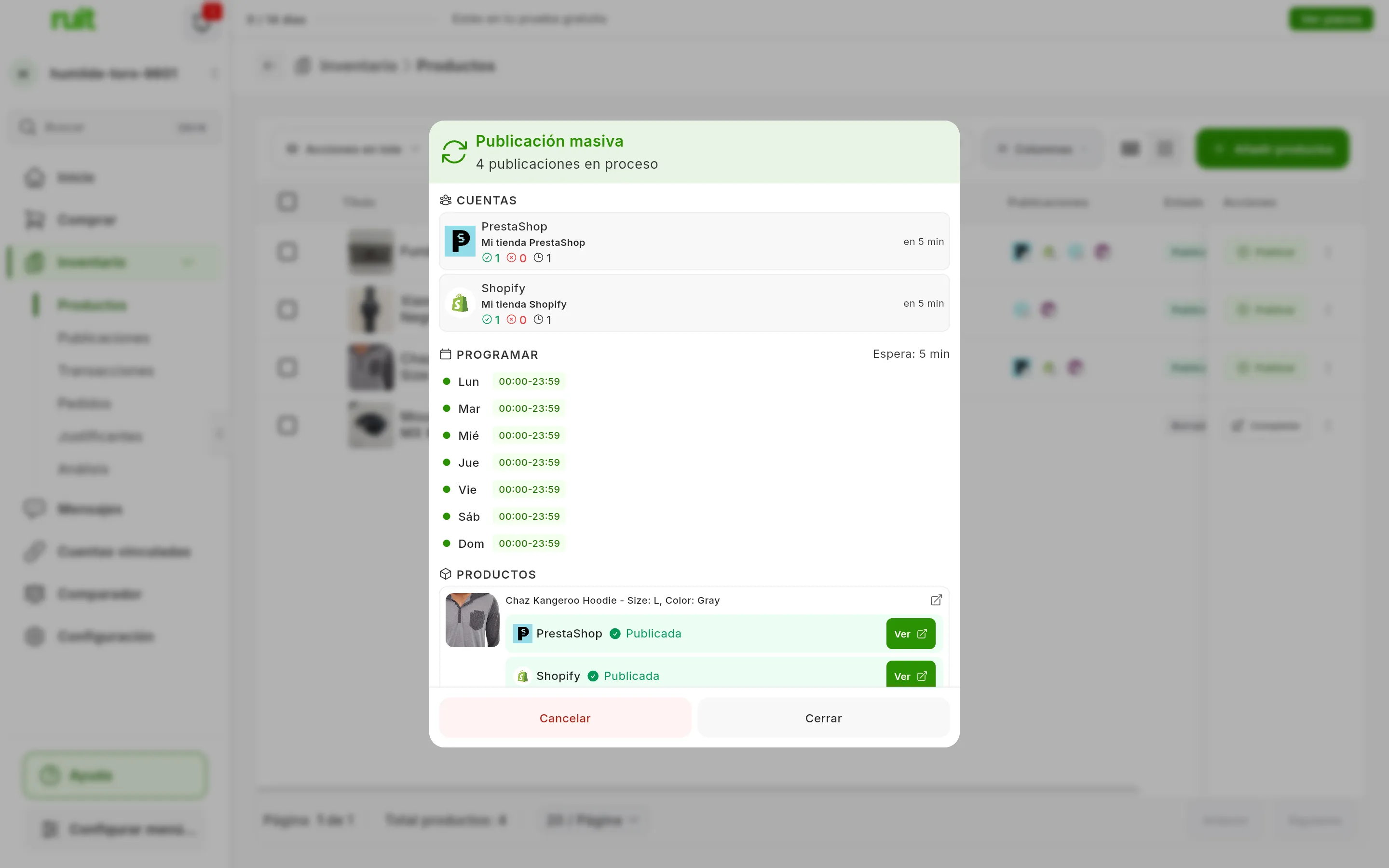 La ventana Publicación masiva de un trabajo en marcha, con 4 publicaciones en proceso: en CUENTAS, Mi tienda PrestaShop y Mi tienda Shopify con sus contadores y la siguiente en 5 min; en PROGRAMAR, Espera: 5 min y las horas de cada día; en PRODUCTOS, un producto con su fila Publicada y el botón Ver en cada tienda; abajo, Cancelar y Cerrar