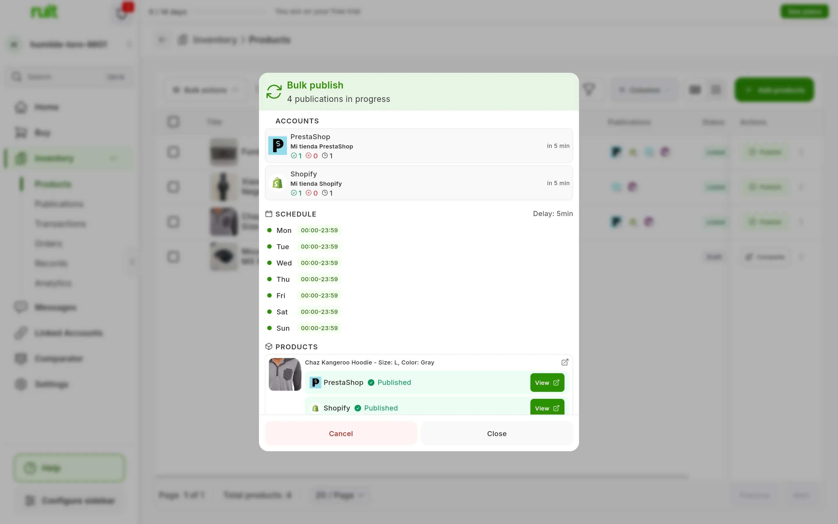 The Bulk publish window of a running job, with 4 publications in progress: under ACCOUNTS, Mi tienda PrestaShop and Mi tienda Shopify with their counters and the next one in 5 min; under SCHEDULE, Delay: 5min and the hours for each day; under PRODUCTS, a product with its Published row and the View button for each store; at the bottom, Cancel and Close