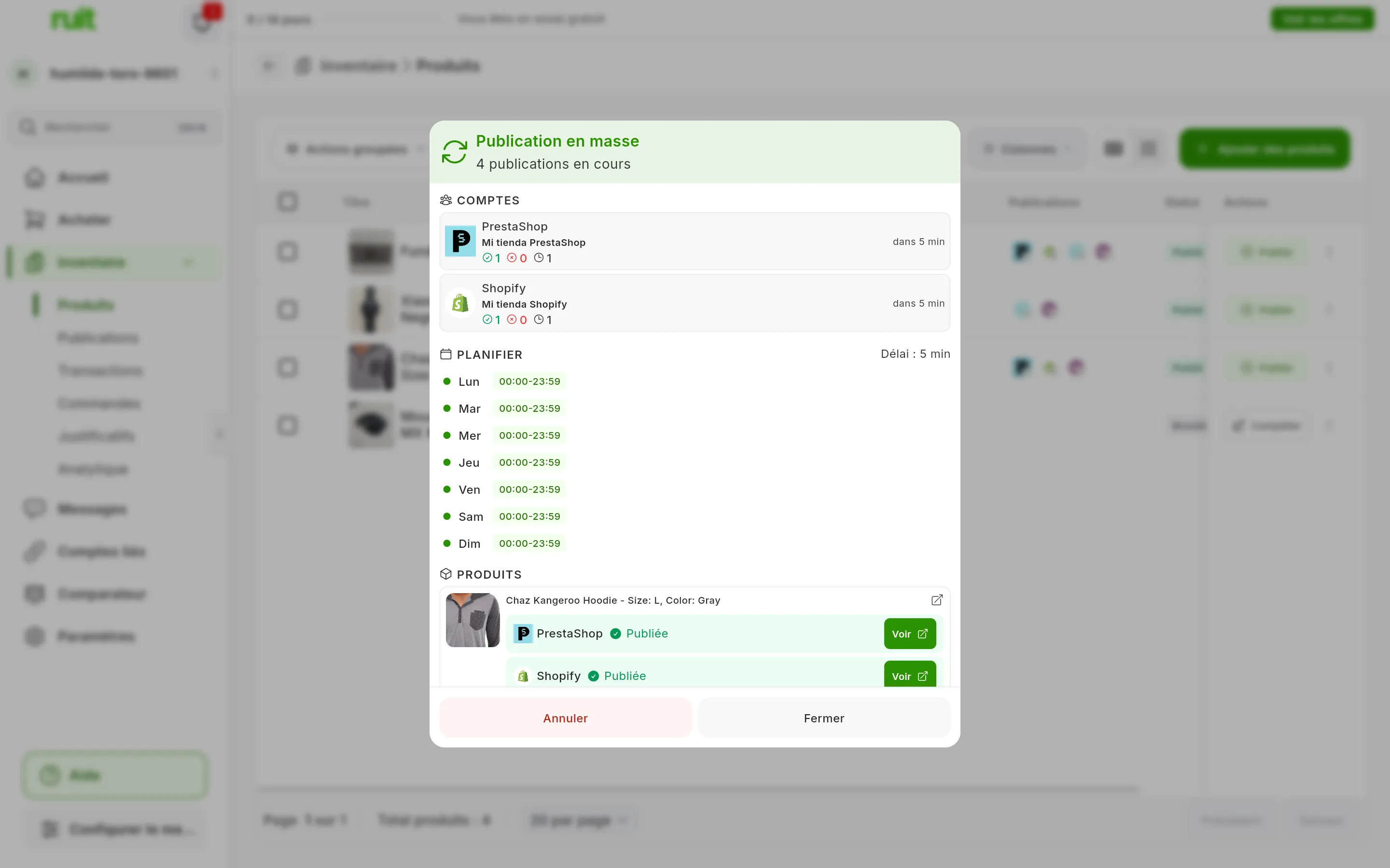 La fenêtre Publication en masse d'une tâche en cours, avec 4 publications en cours : dans COMPTES, Mi tienda PrestaShop et Mi tienda Shopify avec leurs compteurs et la suivante dans 5 min ; dans PLANIFIER, Délai : 5 min et les heures de chaque jour ; dans PRODUITS, un produit avec sa ligne Publiée et le bouton Voir pour chaque boutique ; en bas, Annuler et Fermer