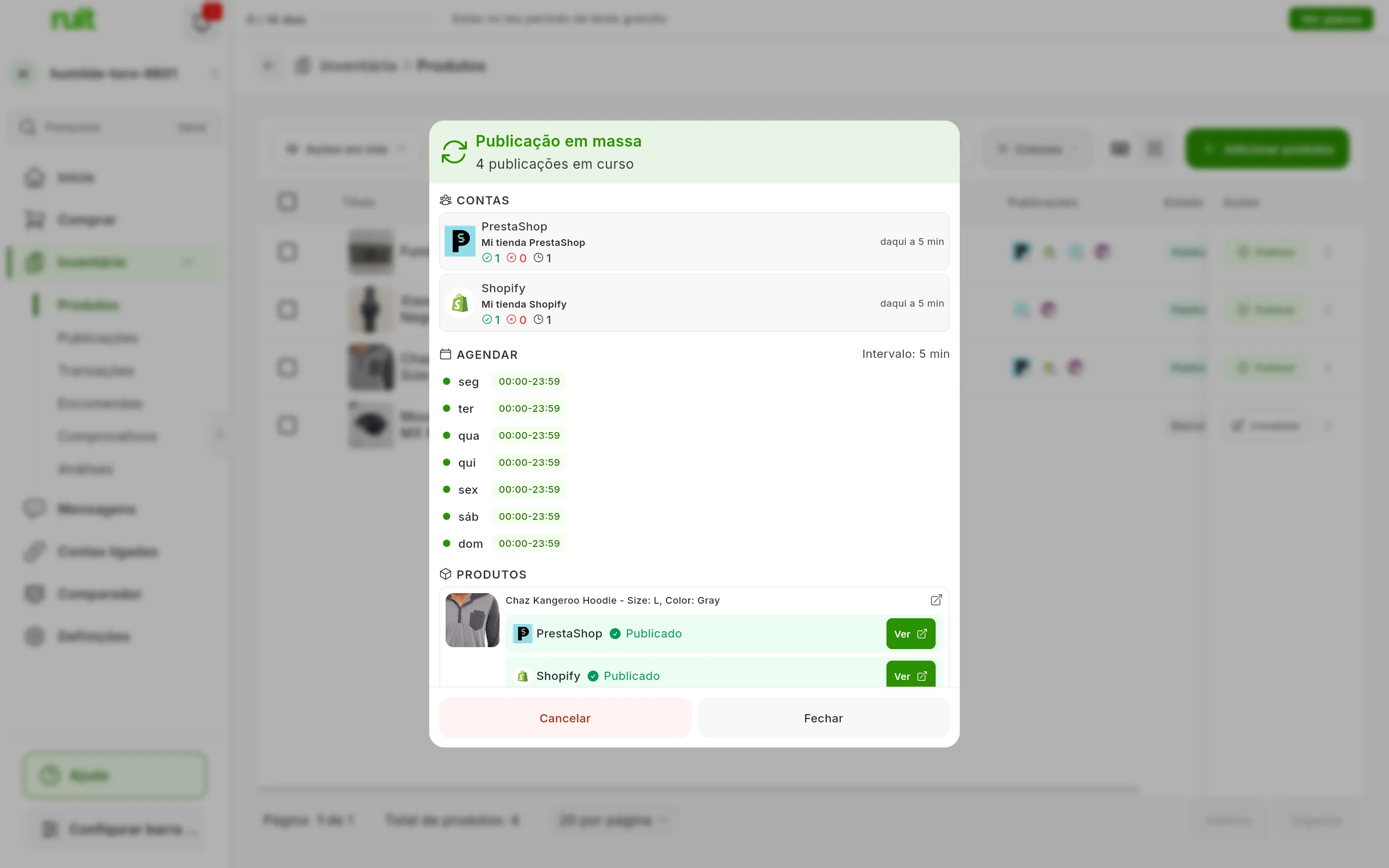 A janela Publicação em massa de uma tarefa em curso, com 4 publicações em curso: em CONTAS, Mi tienda PrestaShop e Mi tienda Shopify com os seus contadores e a seguinte daqui a 5 min; em AGENDAR, Intervalo: 5 min e as horas de cada dia; em PRODUTOS, um produto com a linha Publicado e o botão Ver em cada loja; em baixo, Cancelar e Fechar