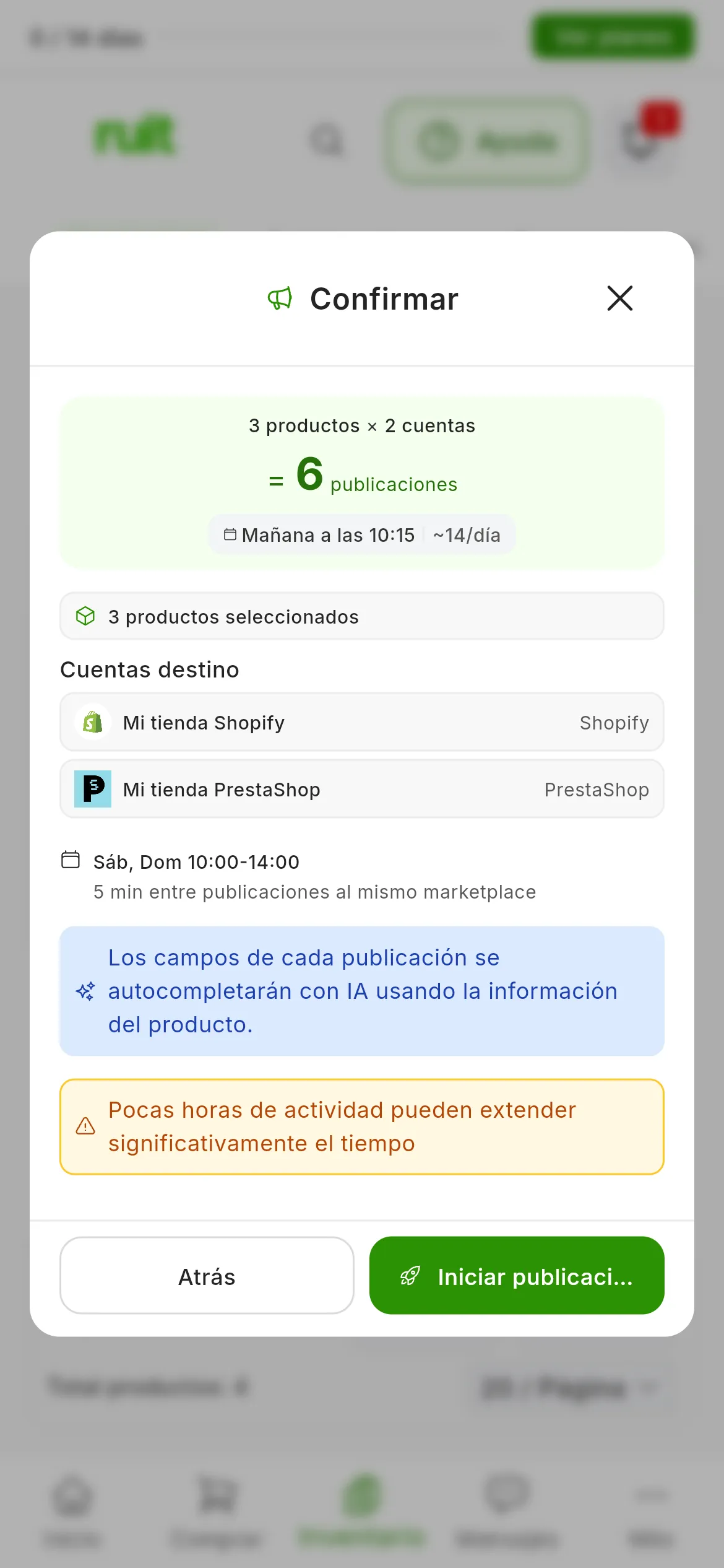 El paso Confirmar de un trabajo con el preajuste Fines de semana: 3 productos × 2 cuentas = 6 publicaciones, con la fecha estimada de fin y la media al día; el horario Sáb, Dom 10:00-14:00 con 5 min entre publicaciones al mismo marketplace y, al final, el aviso ámbar Pocas horas de actividad pueden extender significativamente el tiempo